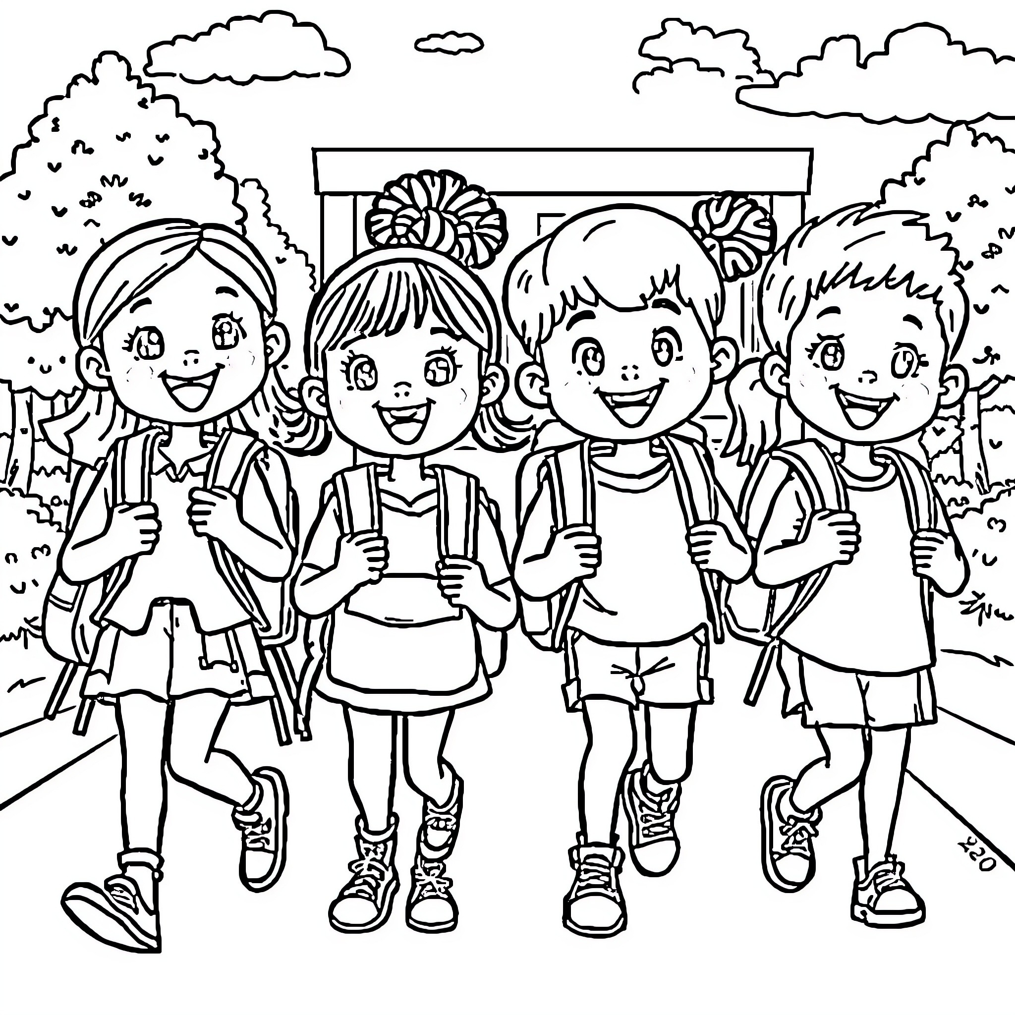 Students enjoying time outdoors together Coloring Page (free black-and-white line drawing printable PDF for all, from beginners to advanced learners, including children, teens, adults, and seniors)