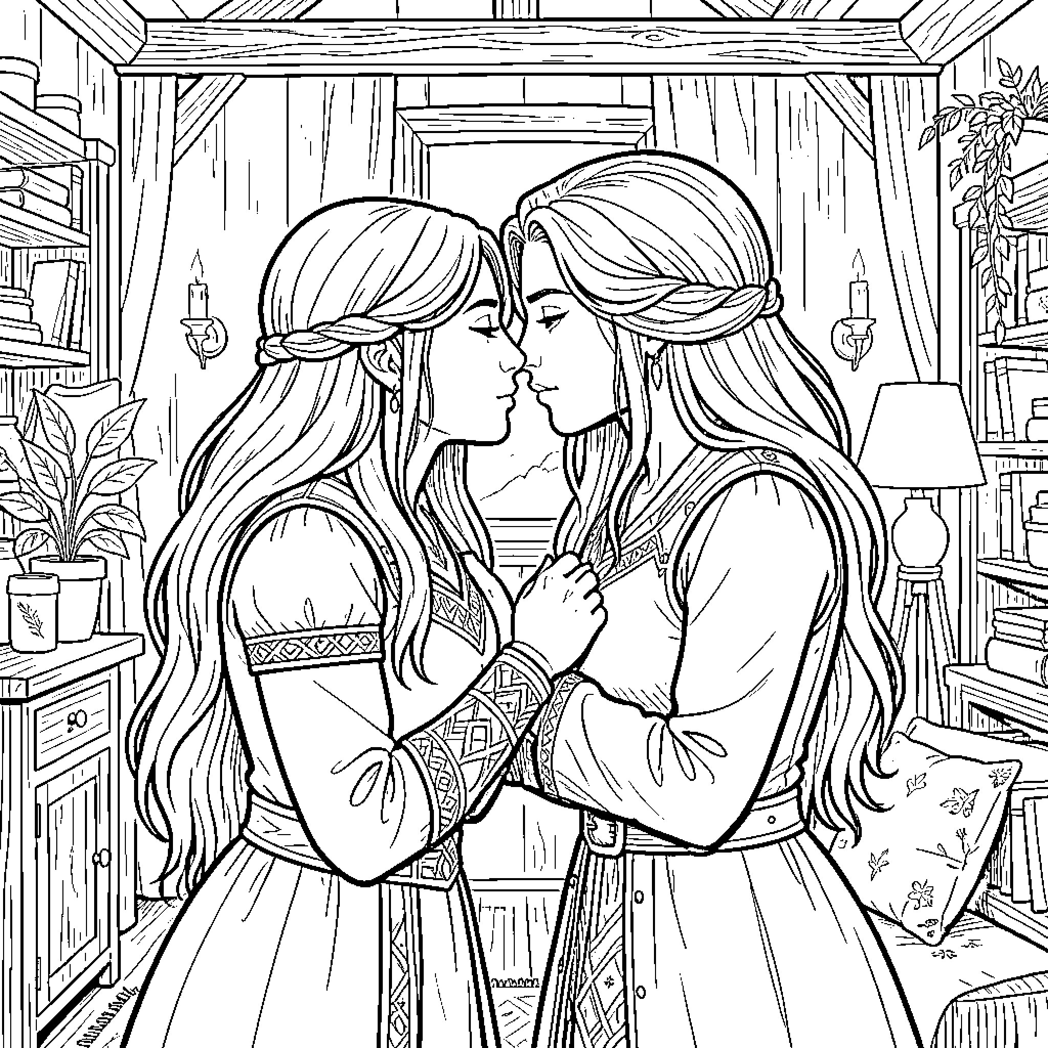 Ciri and a friend sharing a tender moment Coloring Page (free black-and-white line drawing printable PDF for all, from beginners to advanced learners, including children, teens, adults, and seniors)