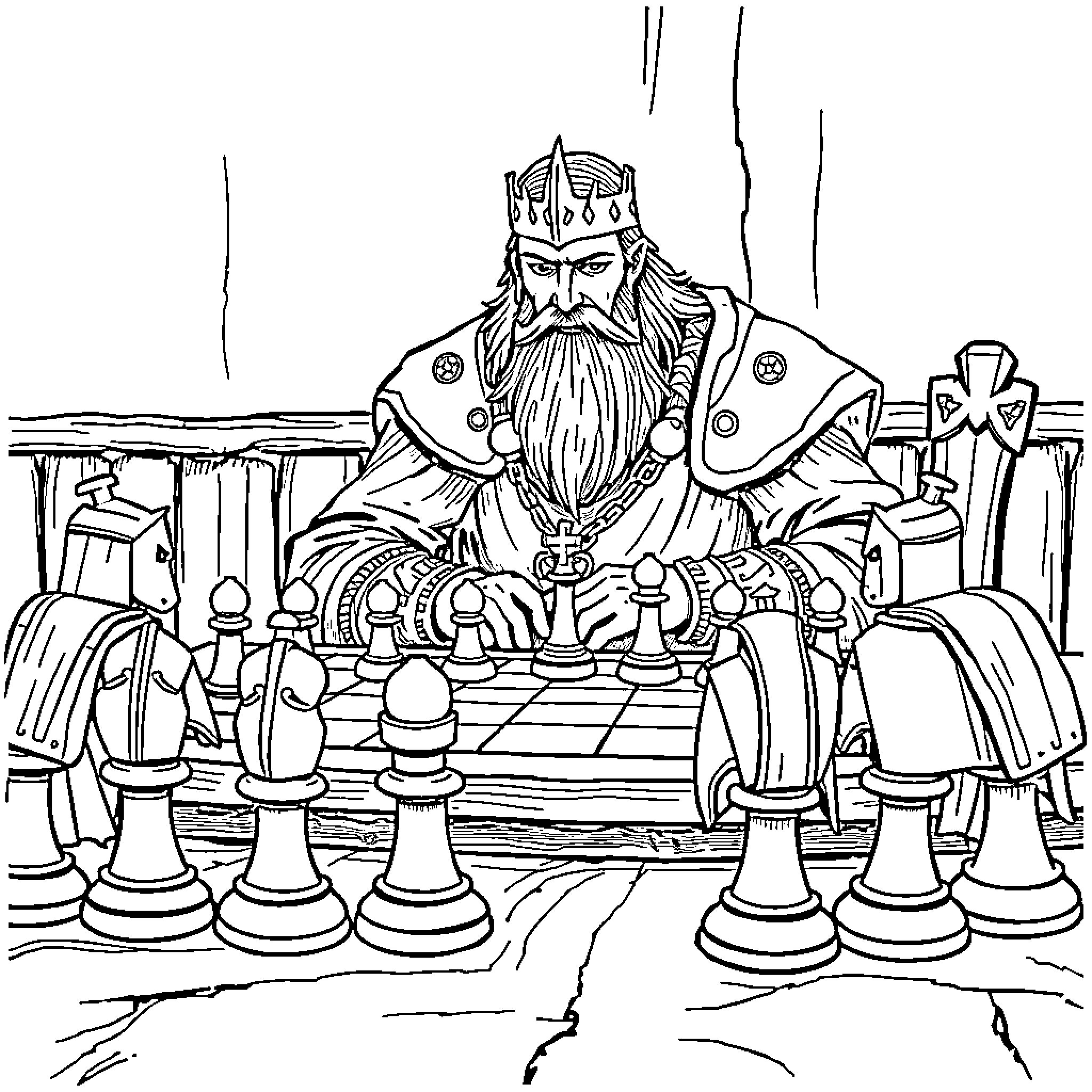 King Arthur Playing Chess with Knights in Court Coloring Page (free black-and-white line drawing printable PDF for all, from beginners to advanced learners, including children, teens, adults, and seniors)