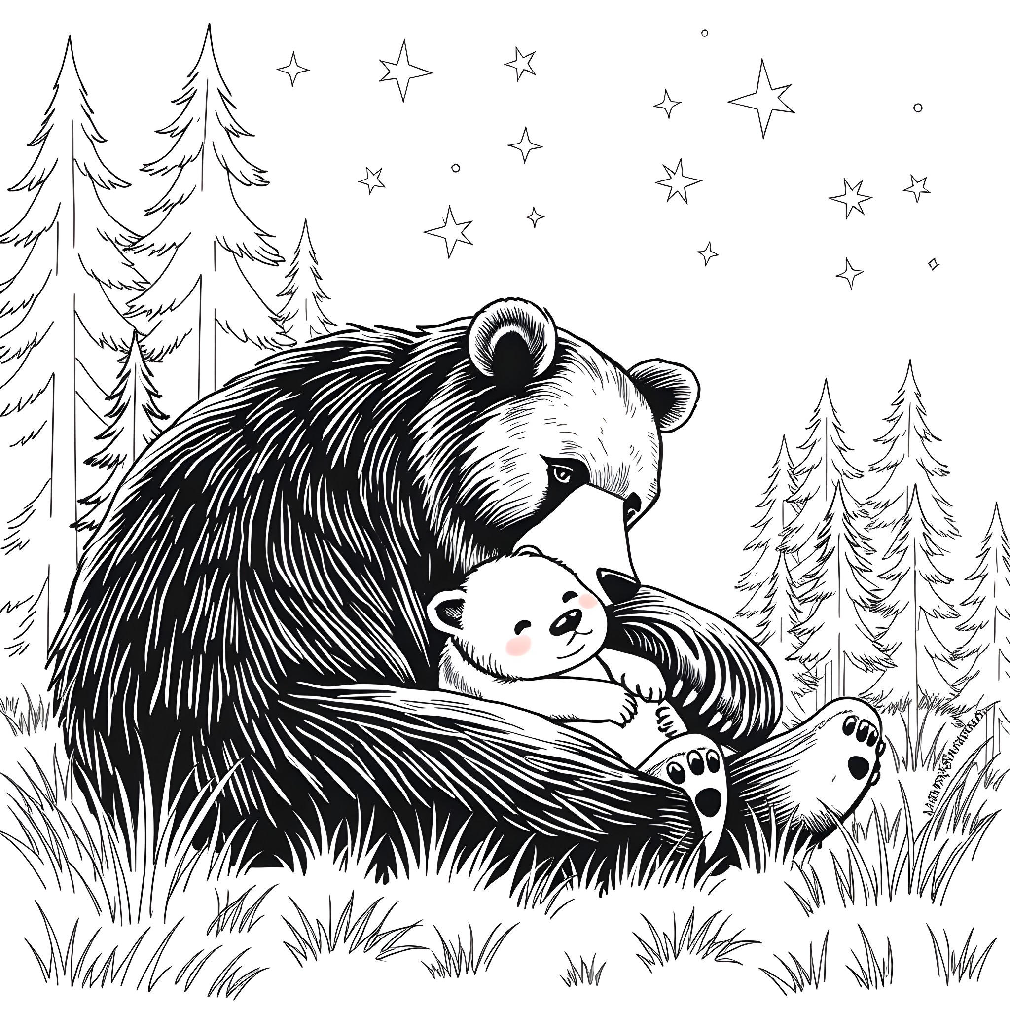 Bear cuddling a baby bear in the snowy forest Coloring Page (free black-and-white line drawing printable PDF for all, from beginners to advanced learners, including children, teens, adults, and seniors)