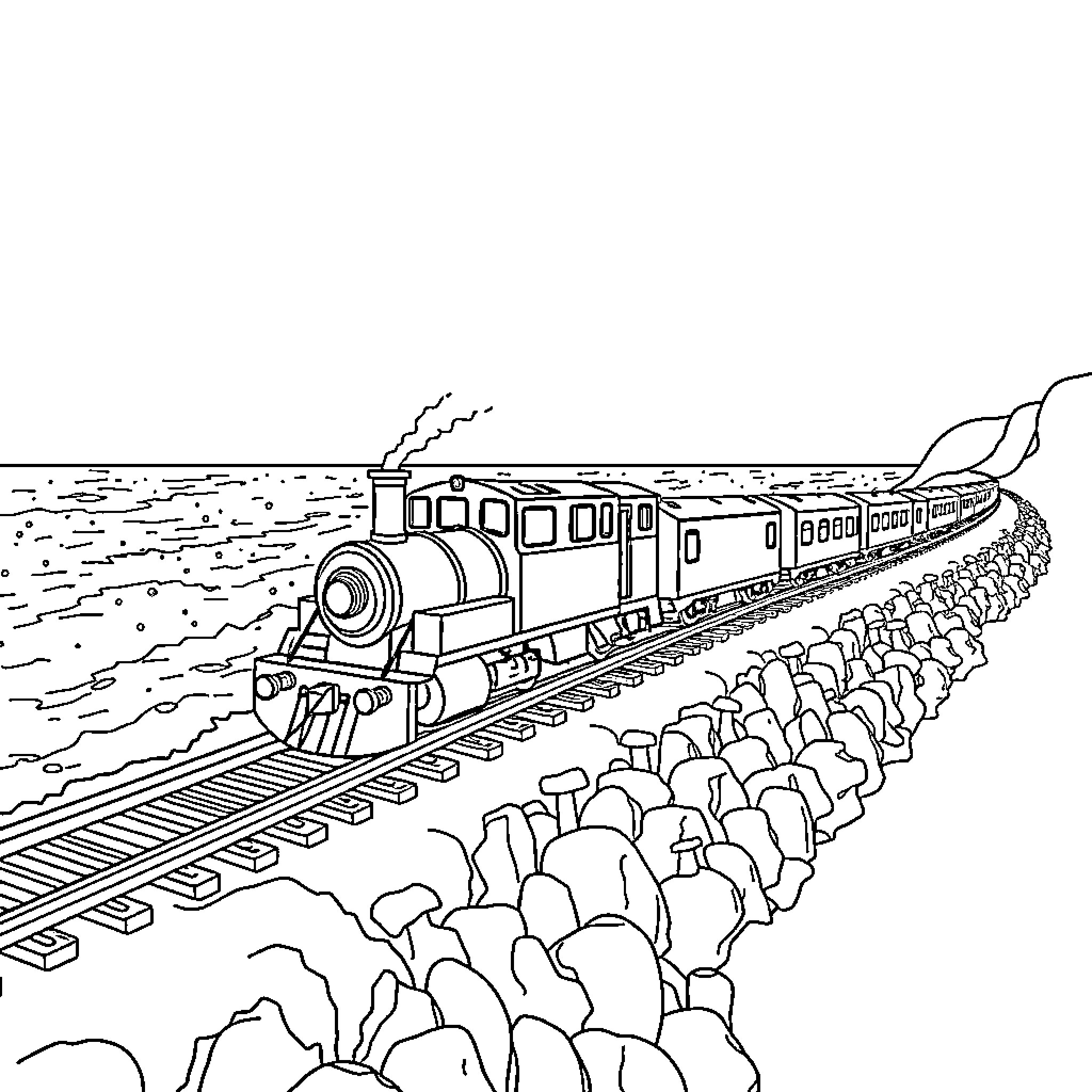 Train carrying large crowd through scenic landscape Coloring Page (free black-and-white line drawing printable PDF for all, from beginners to advanced learners, including children, teens, adults, and seniors)