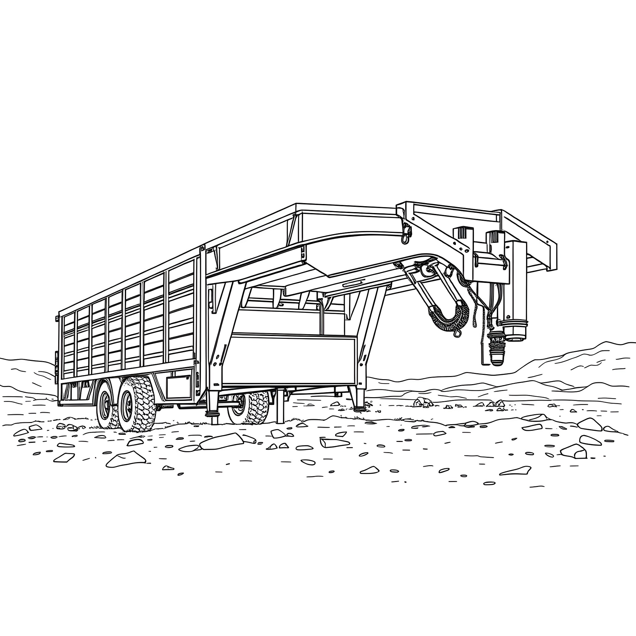 Trailer for transporting agricultural goods in rural setting Coloring Page (free black-and-white line drawing printable PDF for all, from beginners to advanced learners, including children, teens, adults, and seniors)