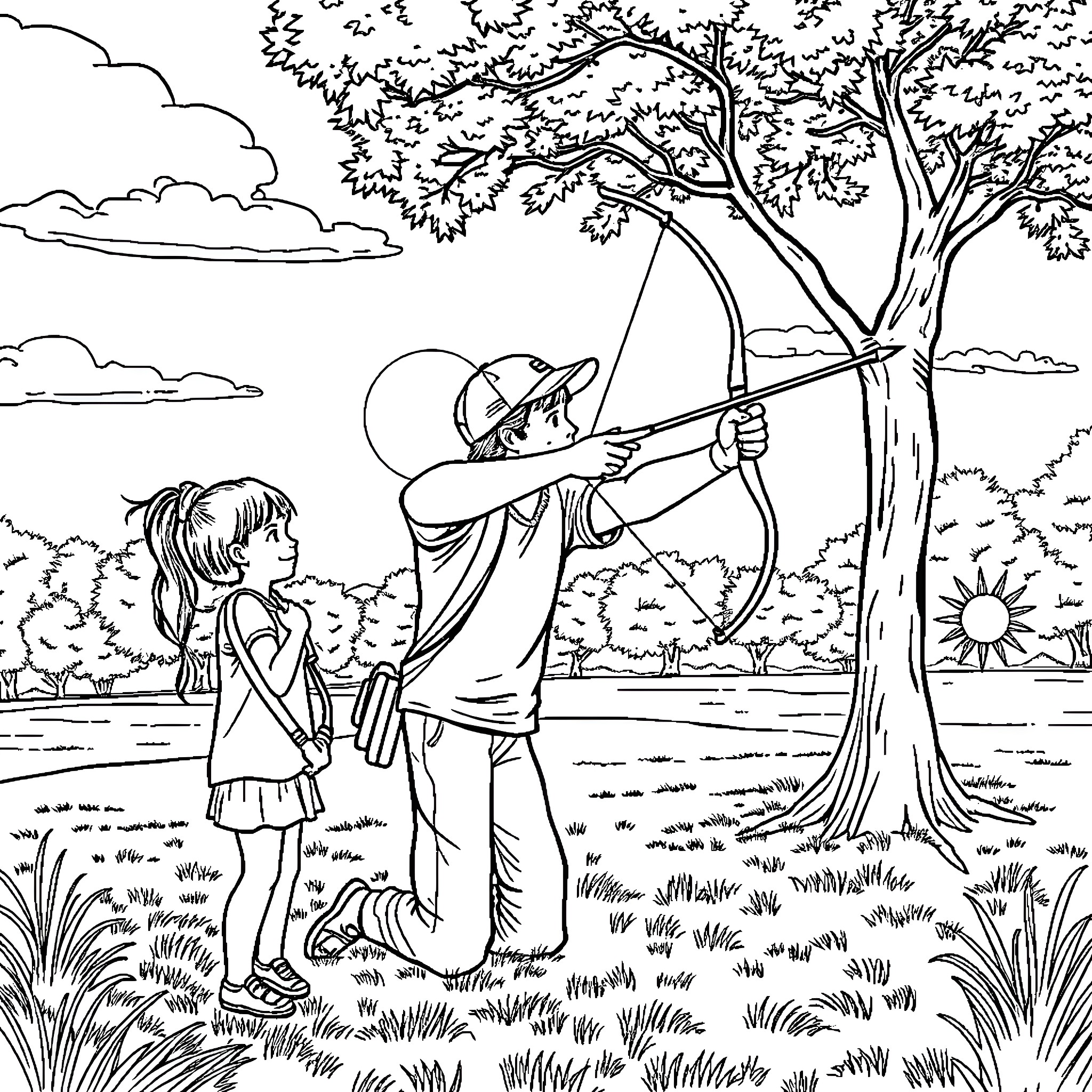 Archery practice in the serene countryside Coloring Page (free black-and-white line drawing printable PDF for all, from beginners to advanced learners, including children, teens, adults, and seniors)