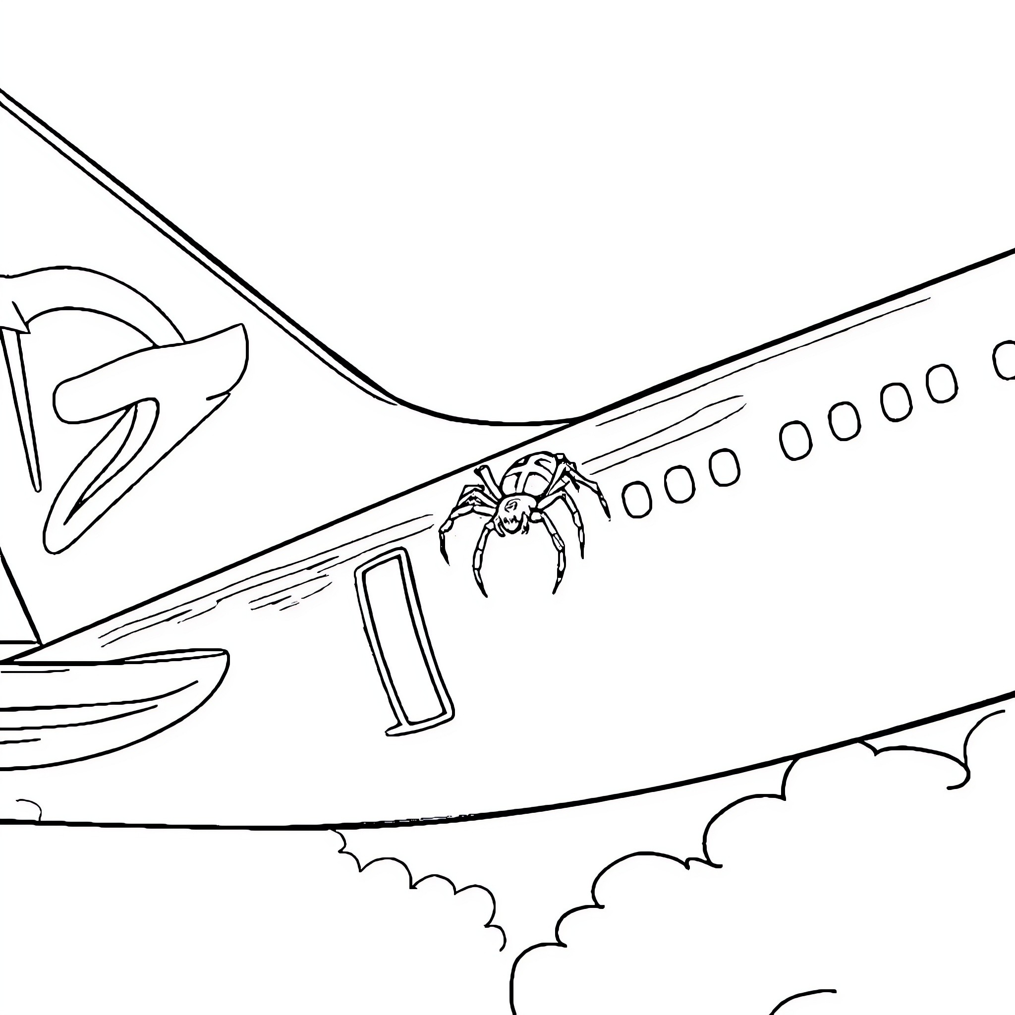 Spider taking a ride on an aircraft Coloring Page (free black-and-white line drawing printable PDF for all, from beginners to advanced learners, including children, teens, adults, and seniors)