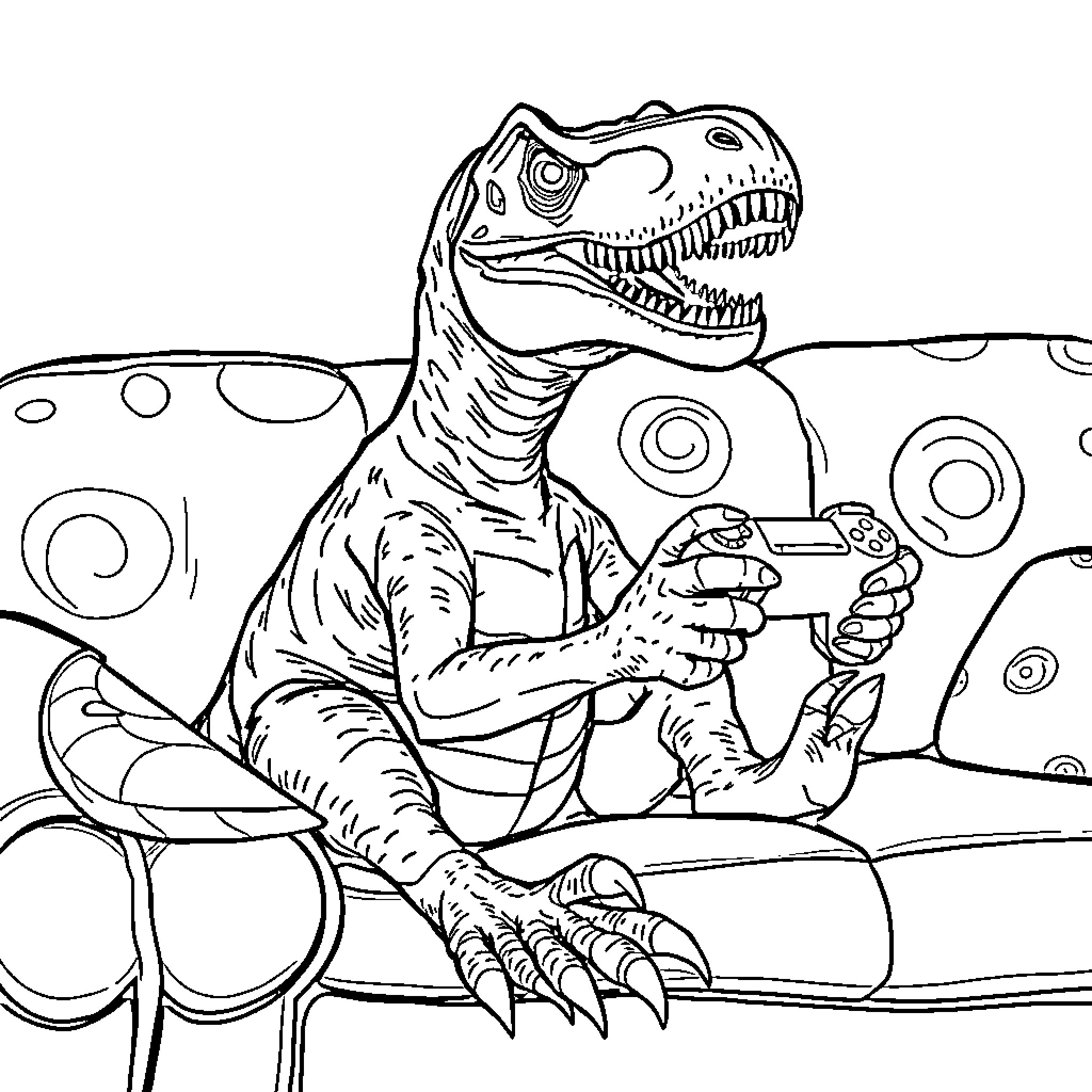 Velociraptor playing video game on the couch Coloring Page (free black-and-white line drawing printable PDF for all, from beginners to advanced learners, including children, teens, adults, and seniors)