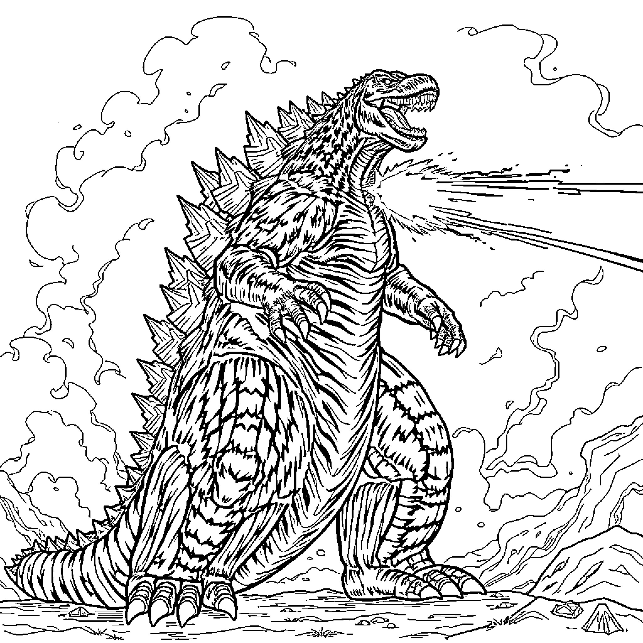 Godzilla Unleashing Destruction Amid Chaos Coloring Page (free black-and-white line drawing printable PDF for all, from beginners to advanced learners, including children, teens, adults, and seniors)