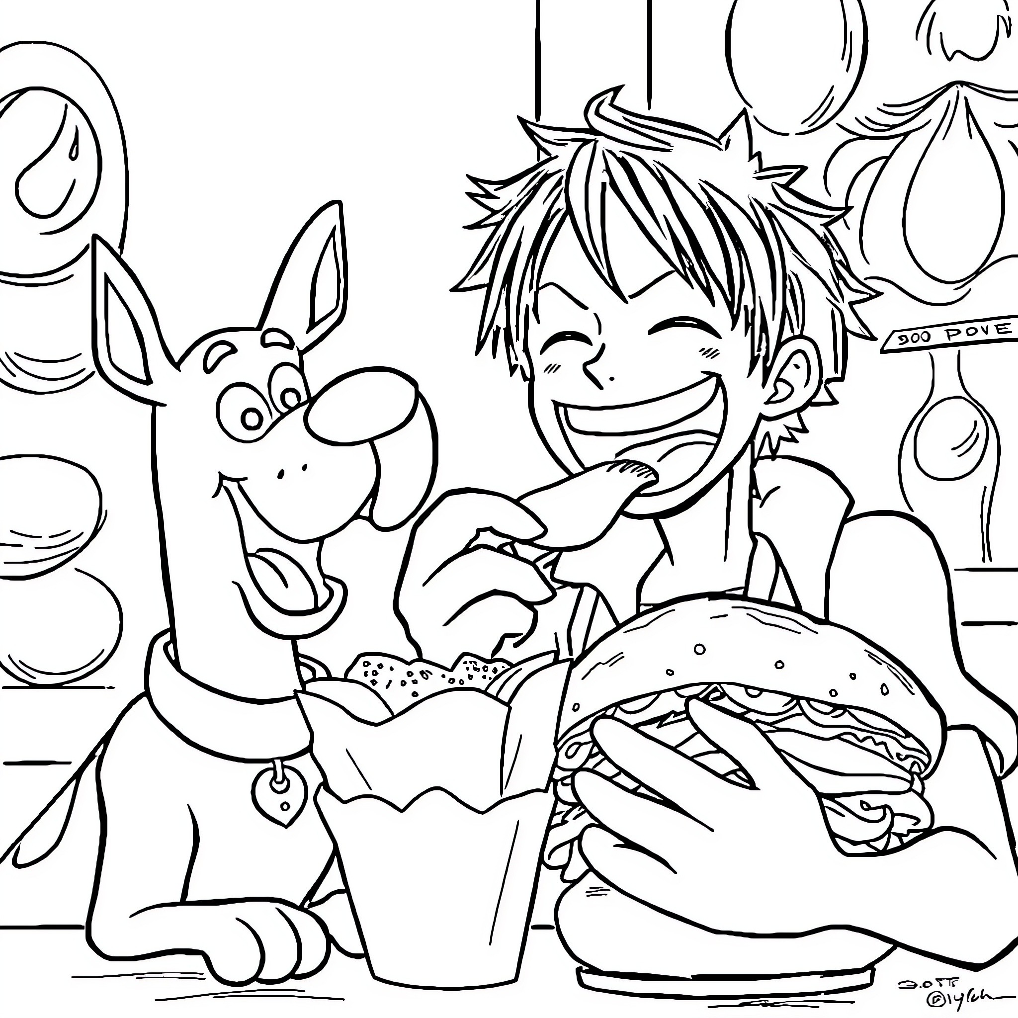 Luffy enjoying a meal with his loyal companion Coloring Page (free black-and-white line drawing printable PDF for all, from beginners to advanced learners, including children, teens, adults, and seniors)