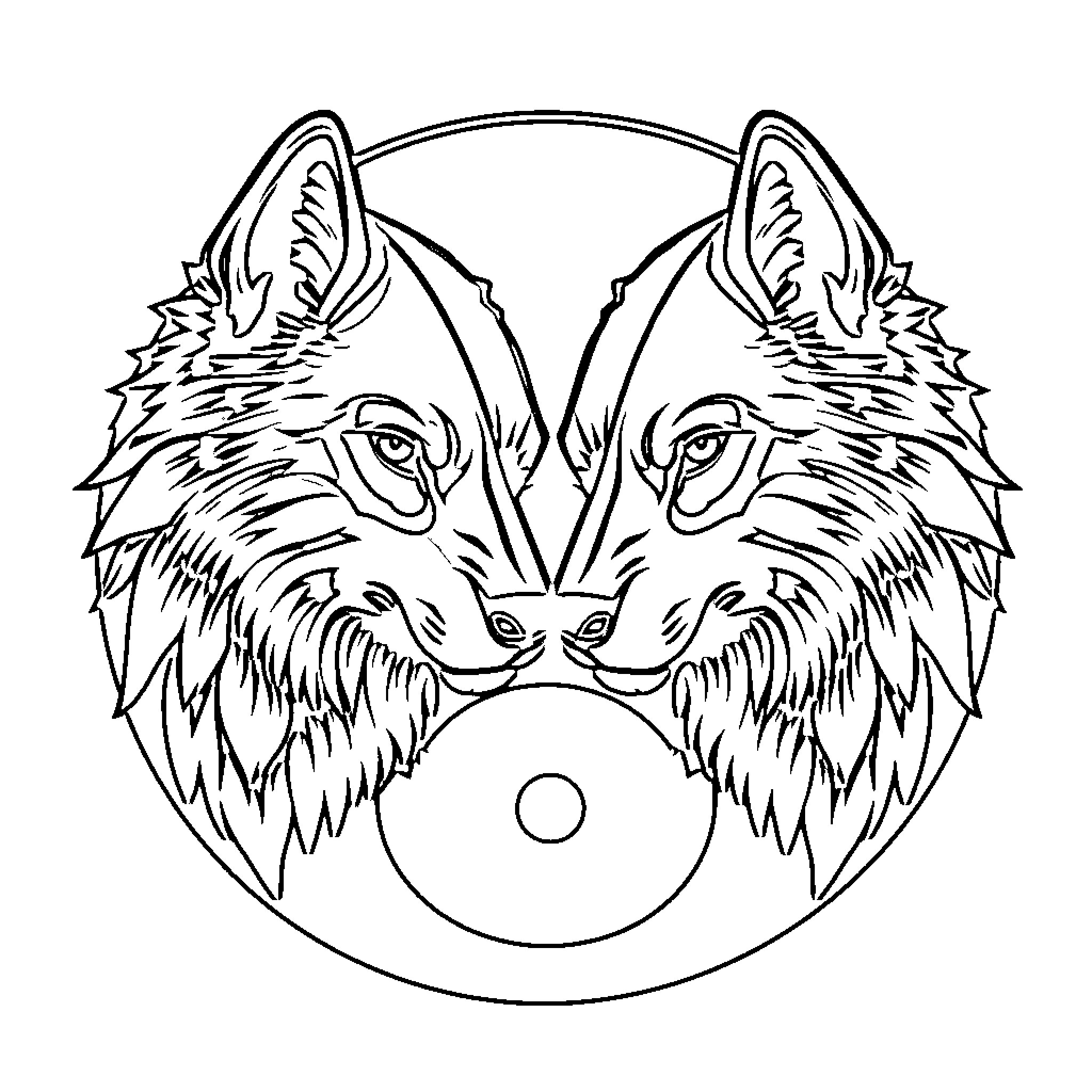 Wolf duo staring intently at the viewer Coloring Page (free black-and-white line drawing printable PDF for all, from beginners to advanced learners, including children, teens, adults, and seniors)