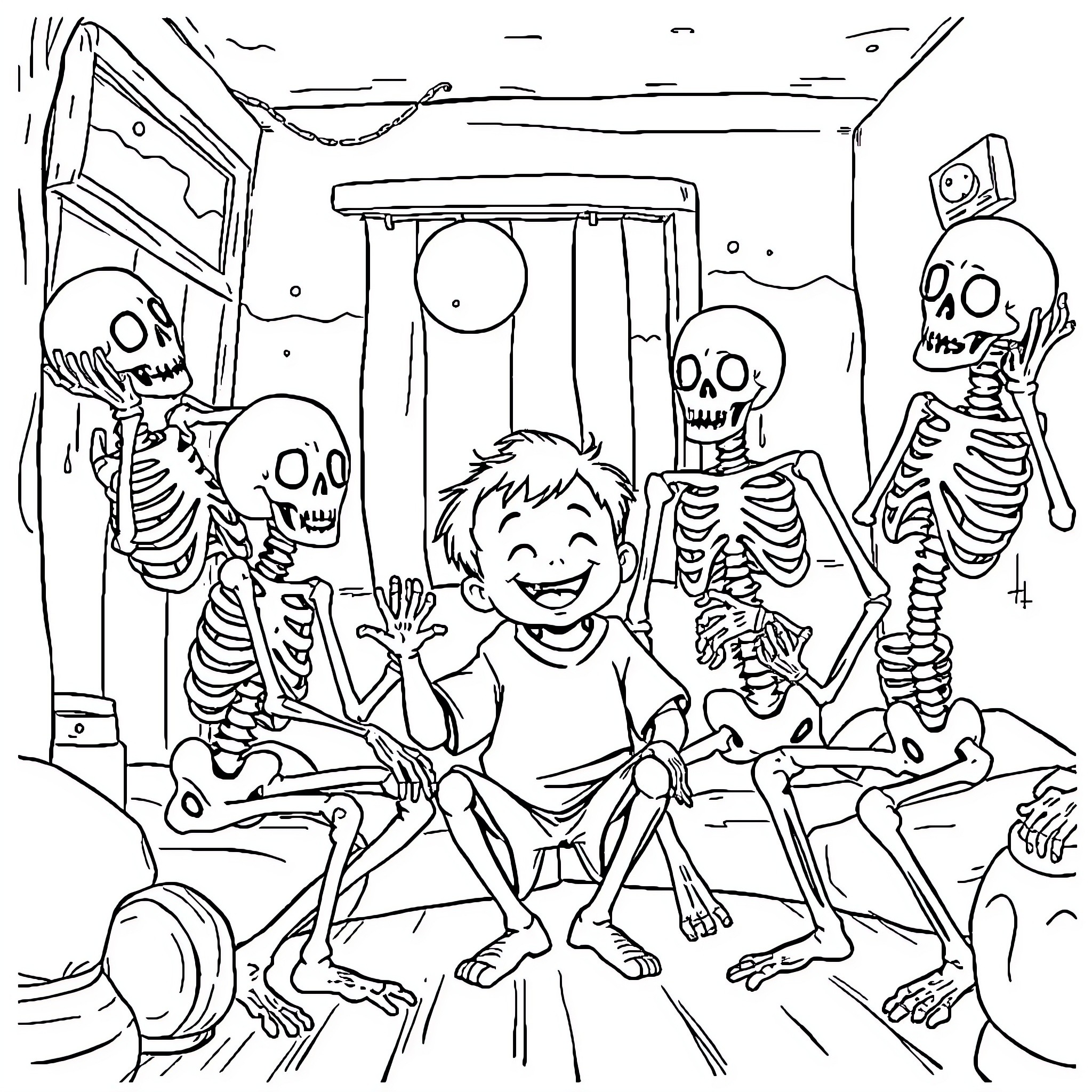 Skeleton friends having a spooky good time Coloring Page (free black-and-white line drawing printable PDF for all, from beginners to advanced learners, including children, teens, adults, and seniors)