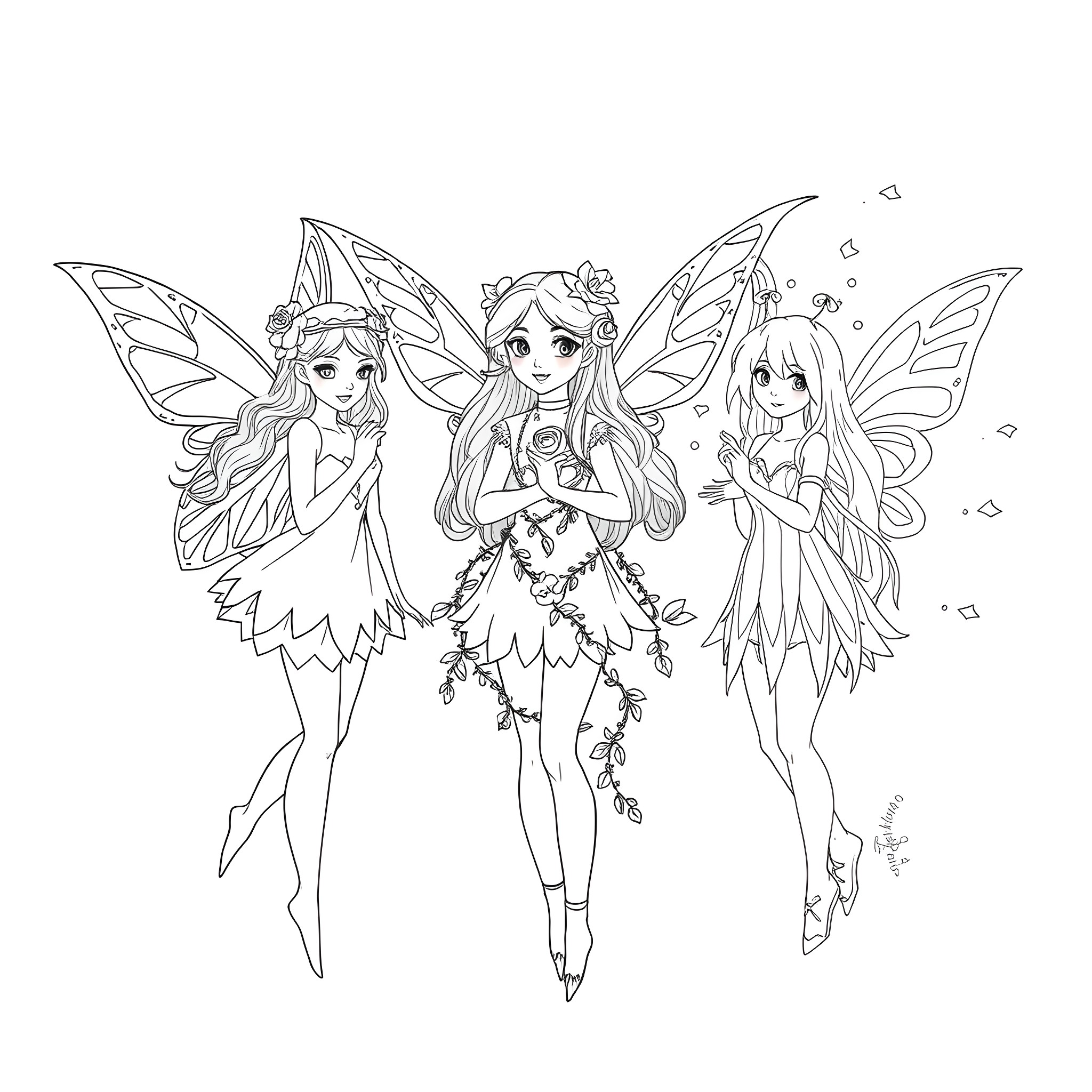 Fairy Trio in Whimsical Attire Coloring Page (free black-and-white line drawing printable PDF for all, from beginners to advanced learners, including children, teens, adults, and seniors)