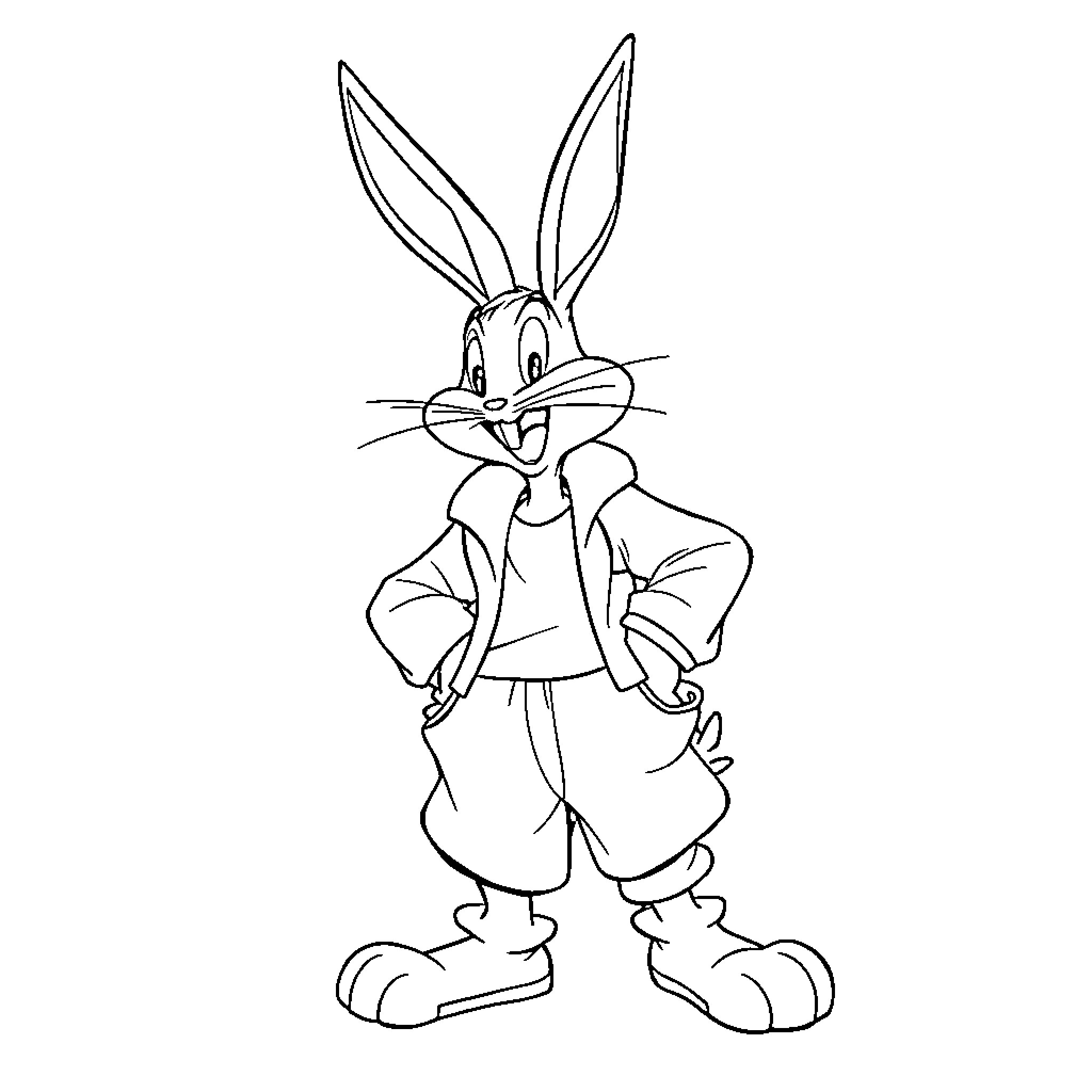 Bugs Bunny in playful pose Coloring Page (free black-and-white line drawing printable PDF for all, from beginners to advanced learners, including children, teens, adults, and seniors)