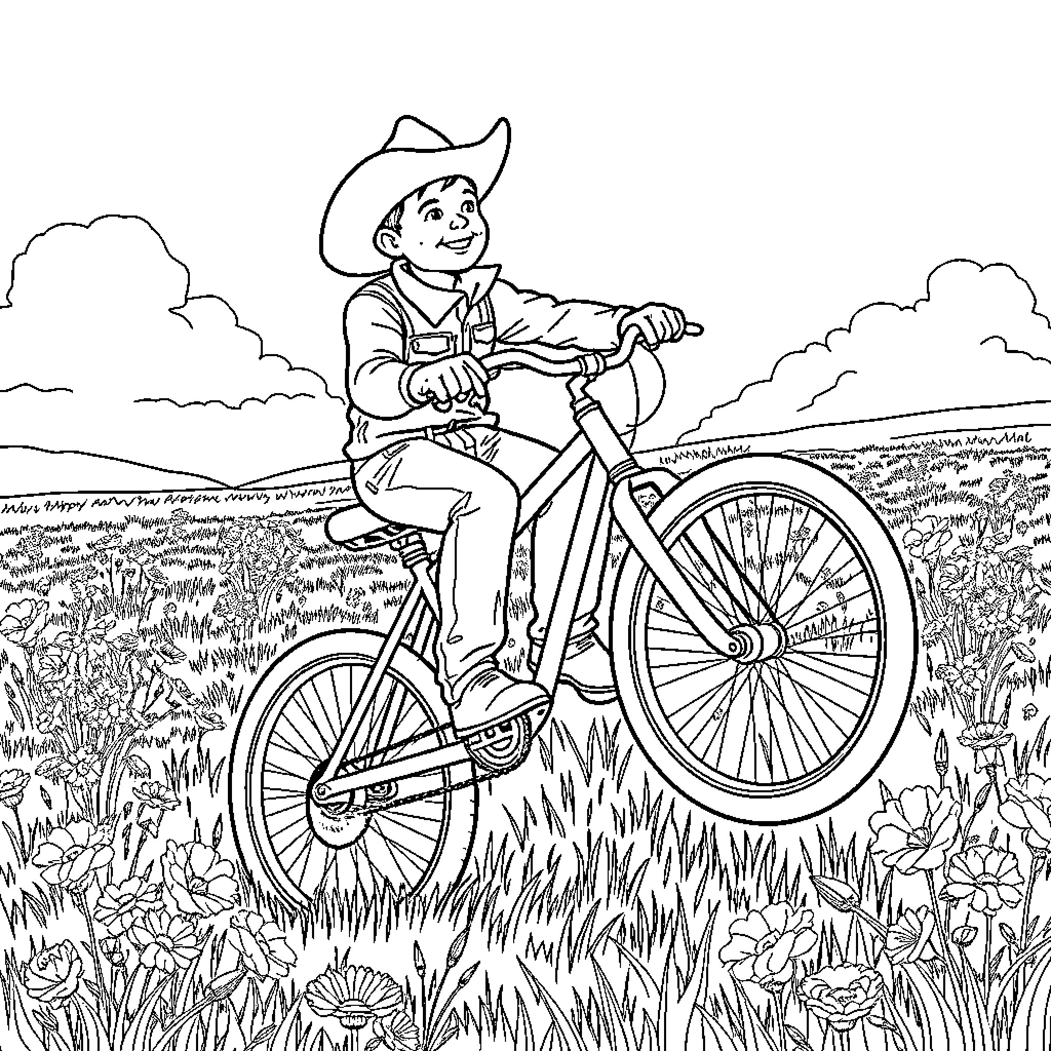 Cowboy riding bicycle through grassy field Coloring Page (free black-and-white line drawing printable PDF for all, from beginners to advanced learners, including children, teens, adults, and seniors)