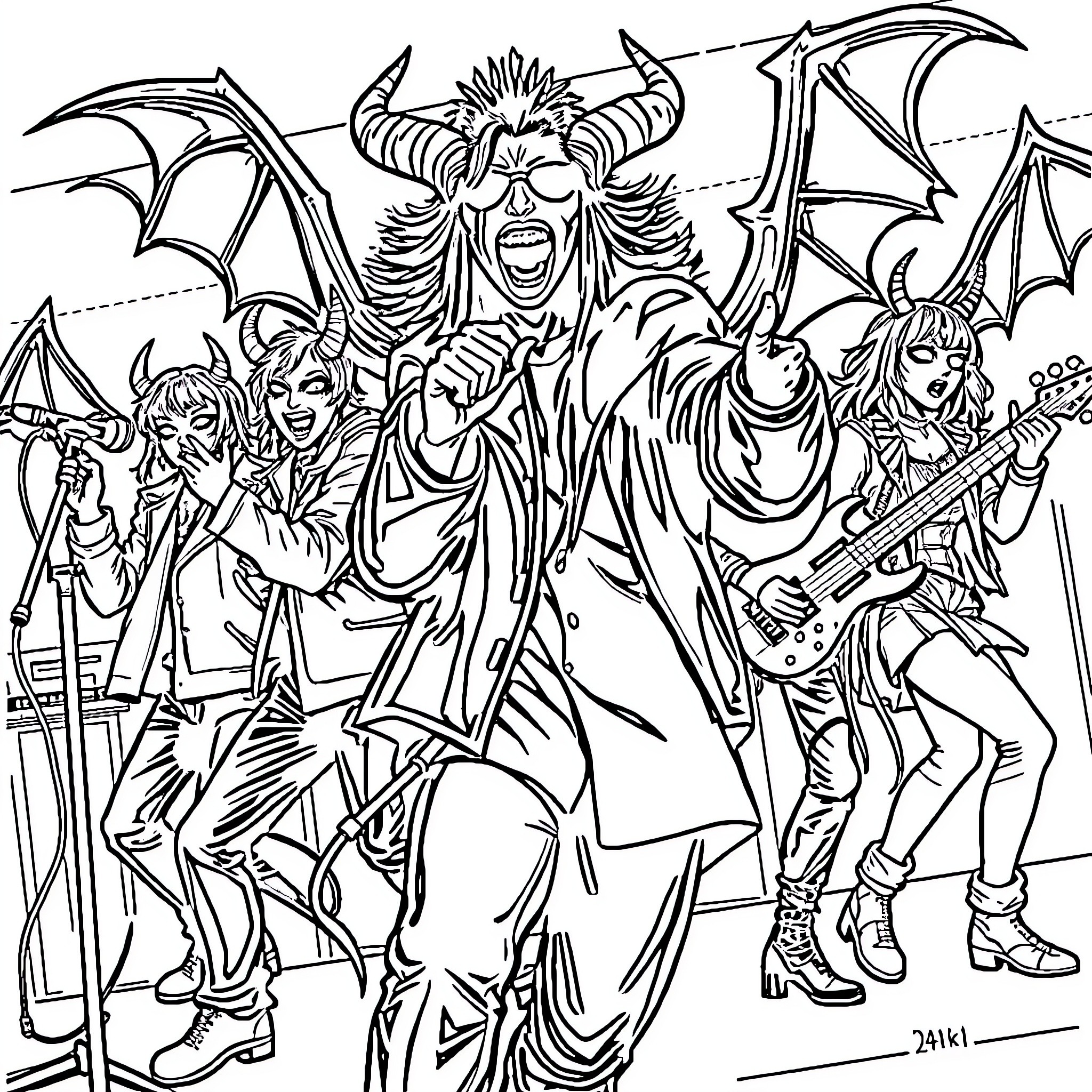 Demon Hunter leading a group of fierce warriors Coloring Page (free black-and-white line drawing printable PDF for all, from beginners to advanced learners, including children, teens, adults, and seniors)