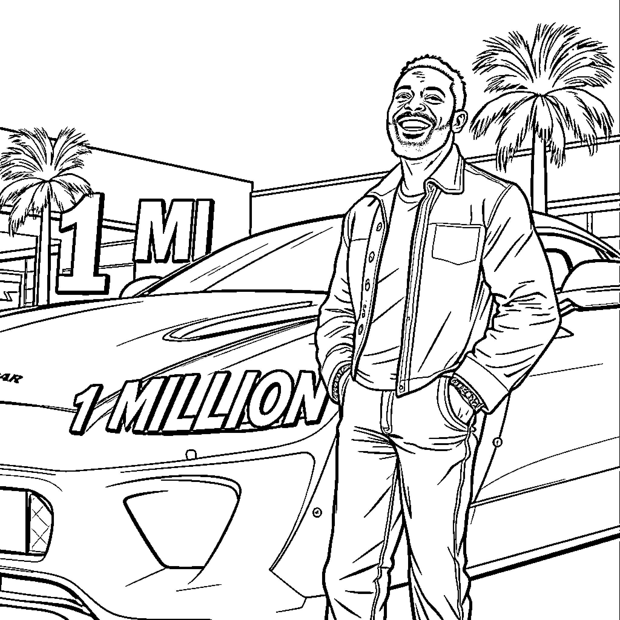 Man smiling near expensive car in front of city landscape Coloring Page (free black-and-white line drawing printable PDF for all, from beginners to advanced learners, including children, teens, adults, and seniors)