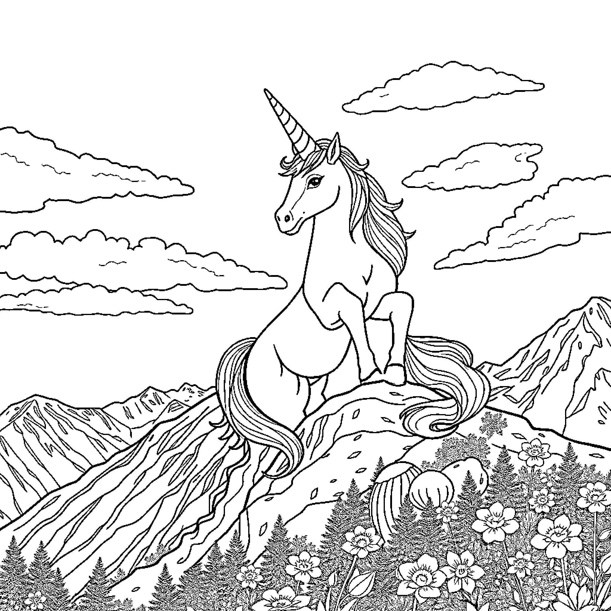 Unicorn standing proudly on a mountain peak Coloring Page (free black-and-white line drawing printable PDF for all, from beginners to advanced learners, including children, teens, adults, and seniors)