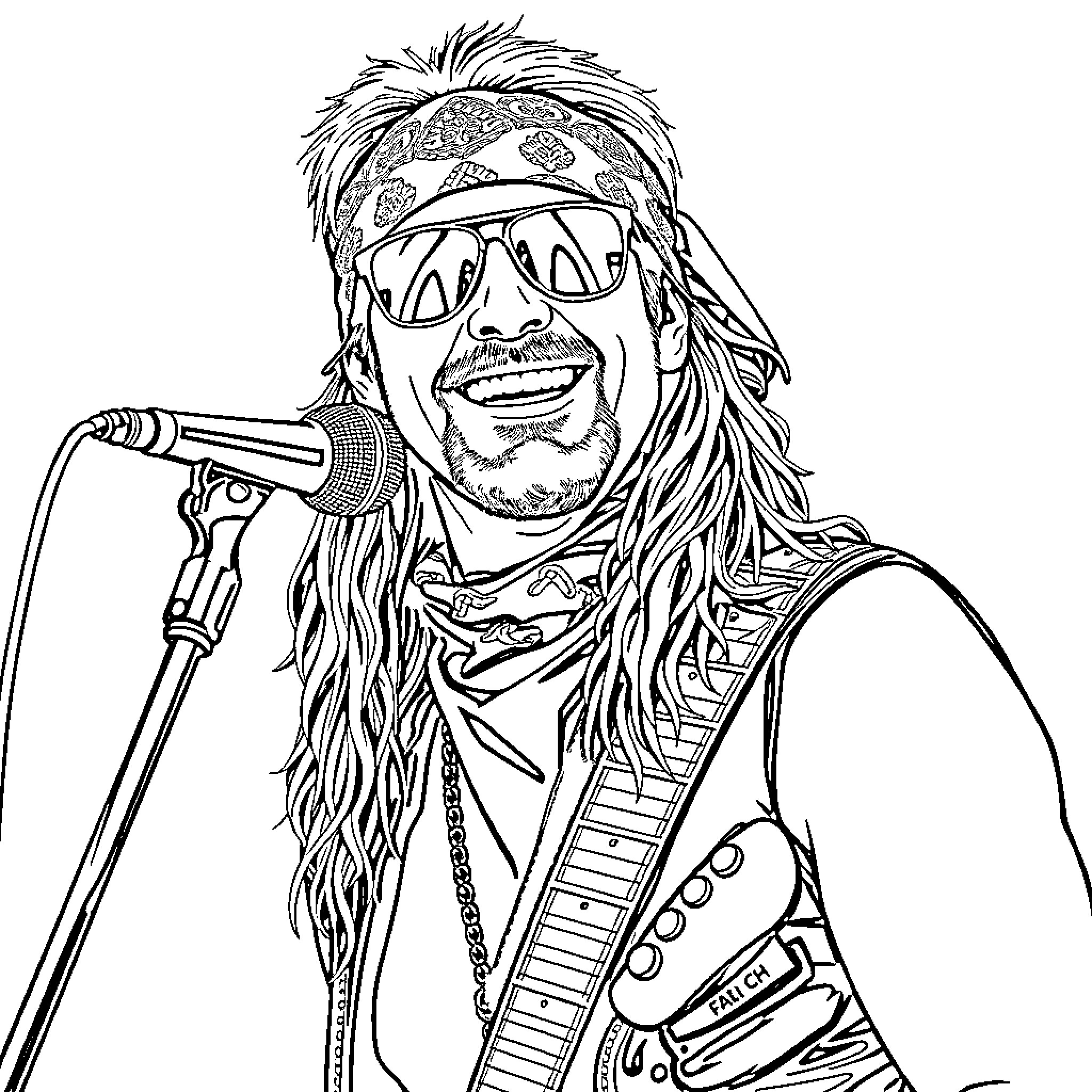 Bret Michaels performing on stage with microphone Coloring Page (free black-and-white line drawing printable PDF for all, from beginners to advanced learners, including children, teens, adults, and seniors)