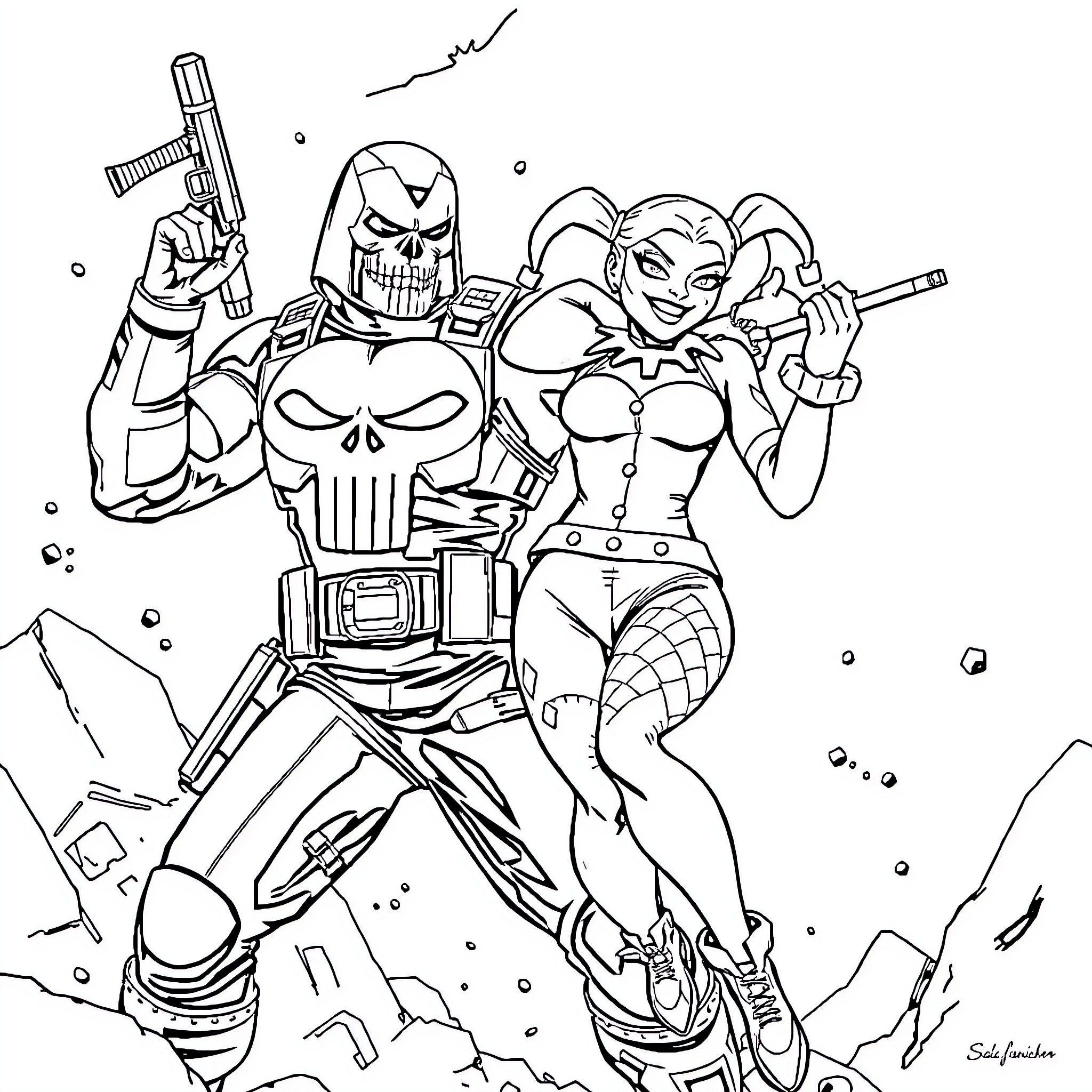 Harley Quinn and The Punisher in Action Coloring Page (free black-and-white line drawing printable PDF for all, from beginners to advanced learners, including children, teens, adults, and seniors)