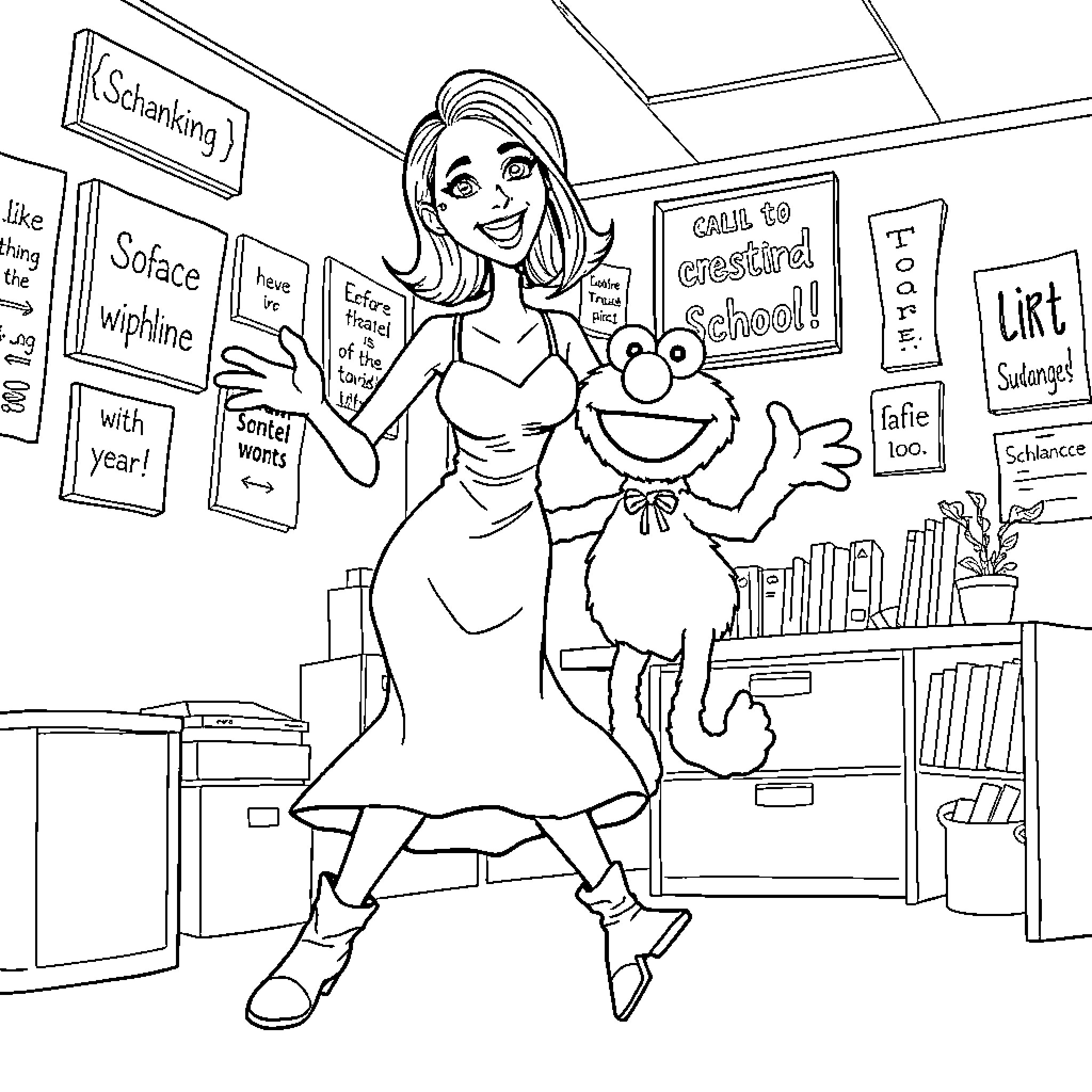 Elmo and Teacher Happily Celebrating School Coloring Page (free black-and-white line drawing printable PDF for all, from beginners to advanced learners, including children, teens, adults, and seniors)