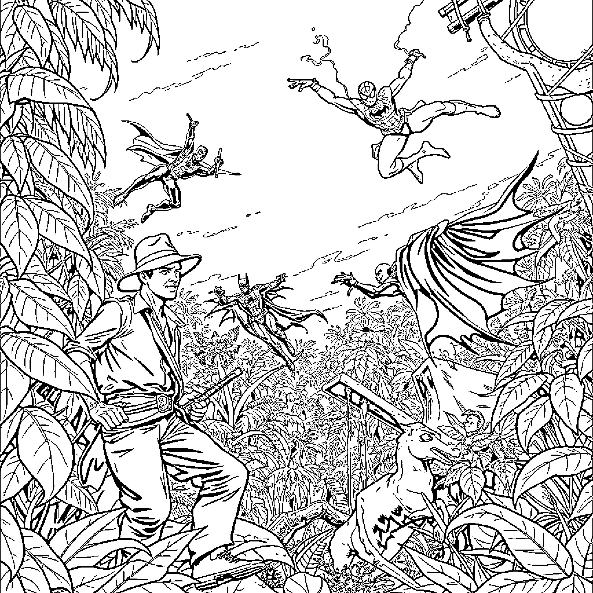 Indiana Jones adventures in the jungle with fantastical creatures Coloring Page (free black-and-white line drawing printable PDF for all, from beginners to advanced learners, including children, teens, adults, and seniors)