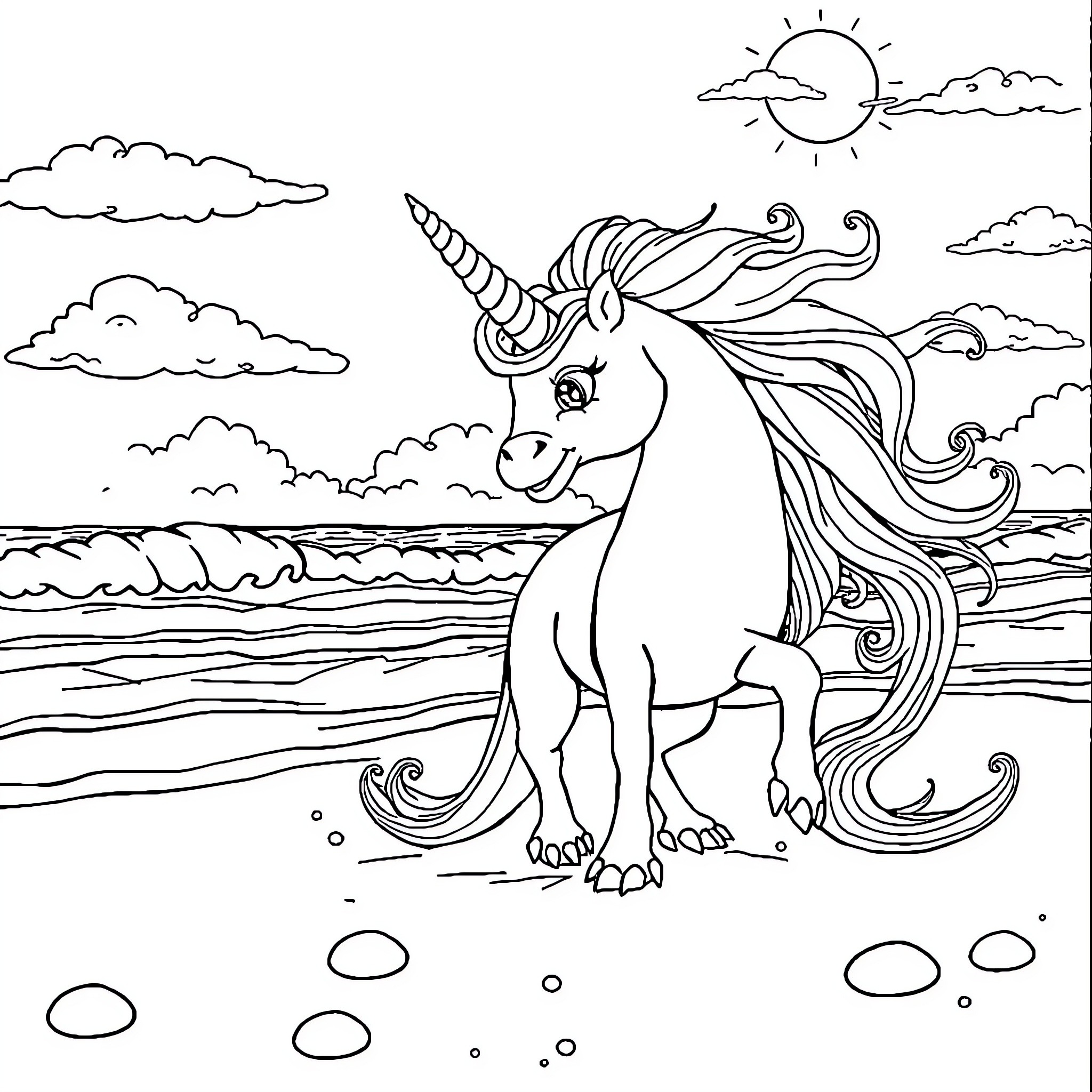 Unicorn by the ocean with sun and clouds Coloring Page (free black-and-white line drawing printable PDF for all, from beginners to advanced learners, including children, teens, adults, and seniors)