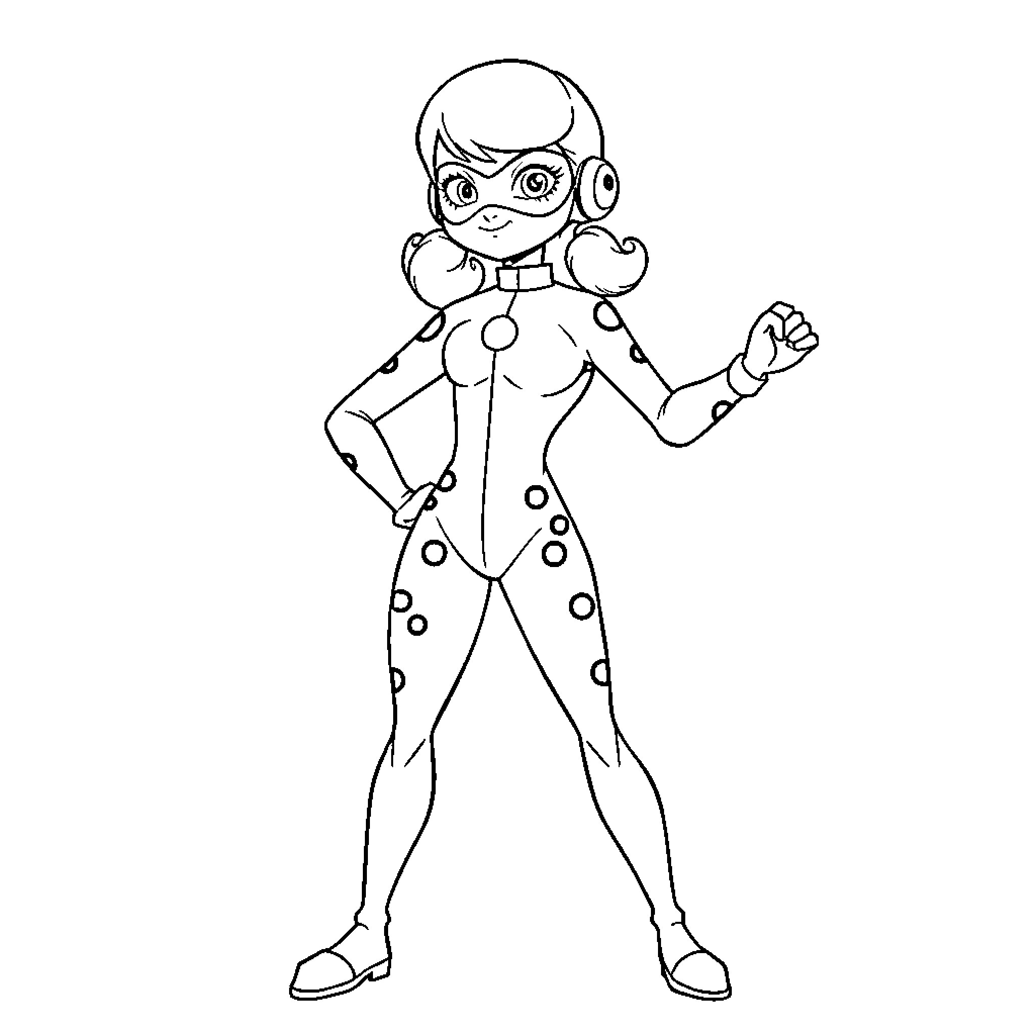 Ladybug-themed superhero posing confidently Coloring Page (free black-and-white line drawing printable PDF for all, from beginners to advanced learners, including children, teens, adults, and seniors)