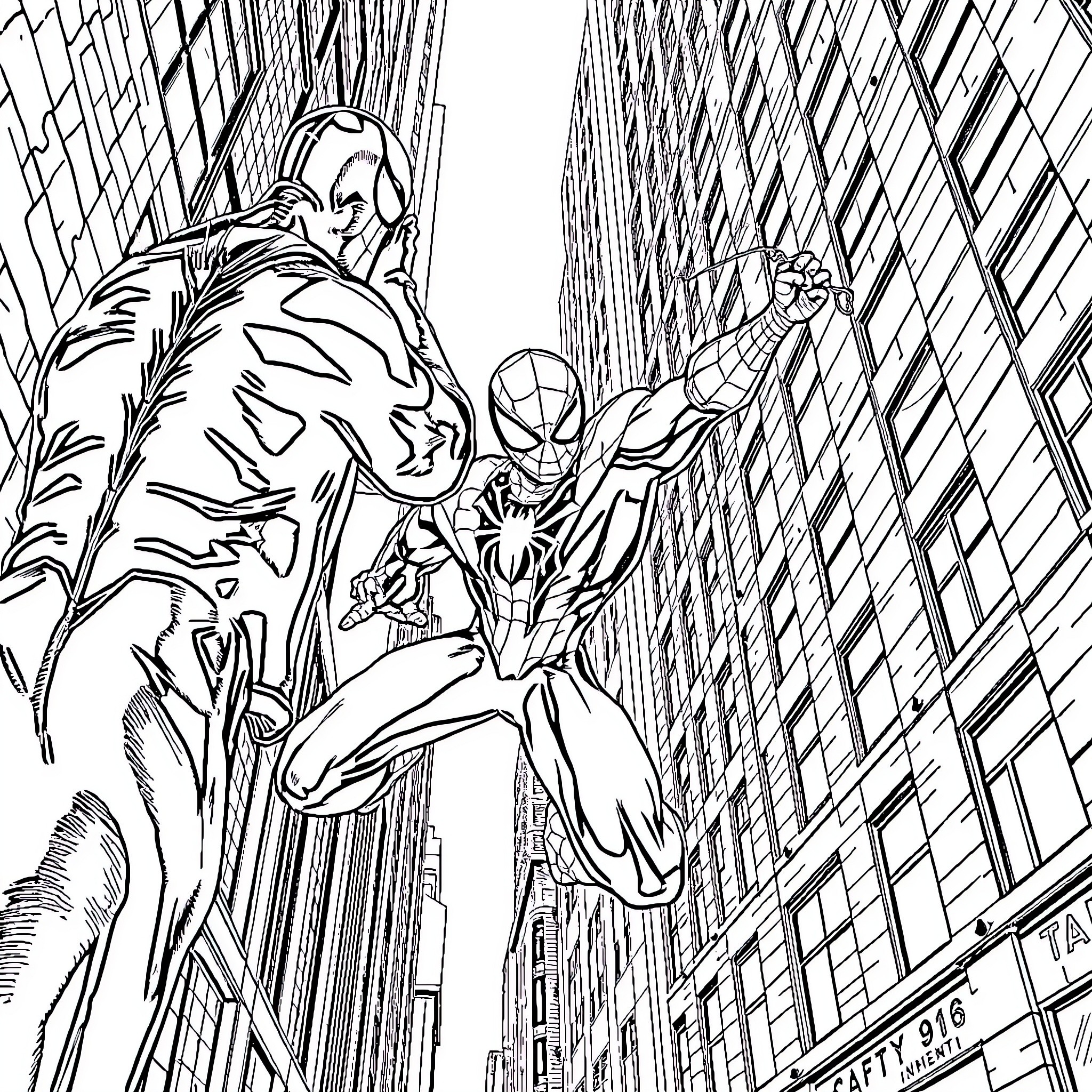 Spiderman swinging through the city with a mysterious figure Coloring Page (free black-and-white line drawing printable PDF for all, from beginners to advanced learners, including children, teens, adults, and seniors)