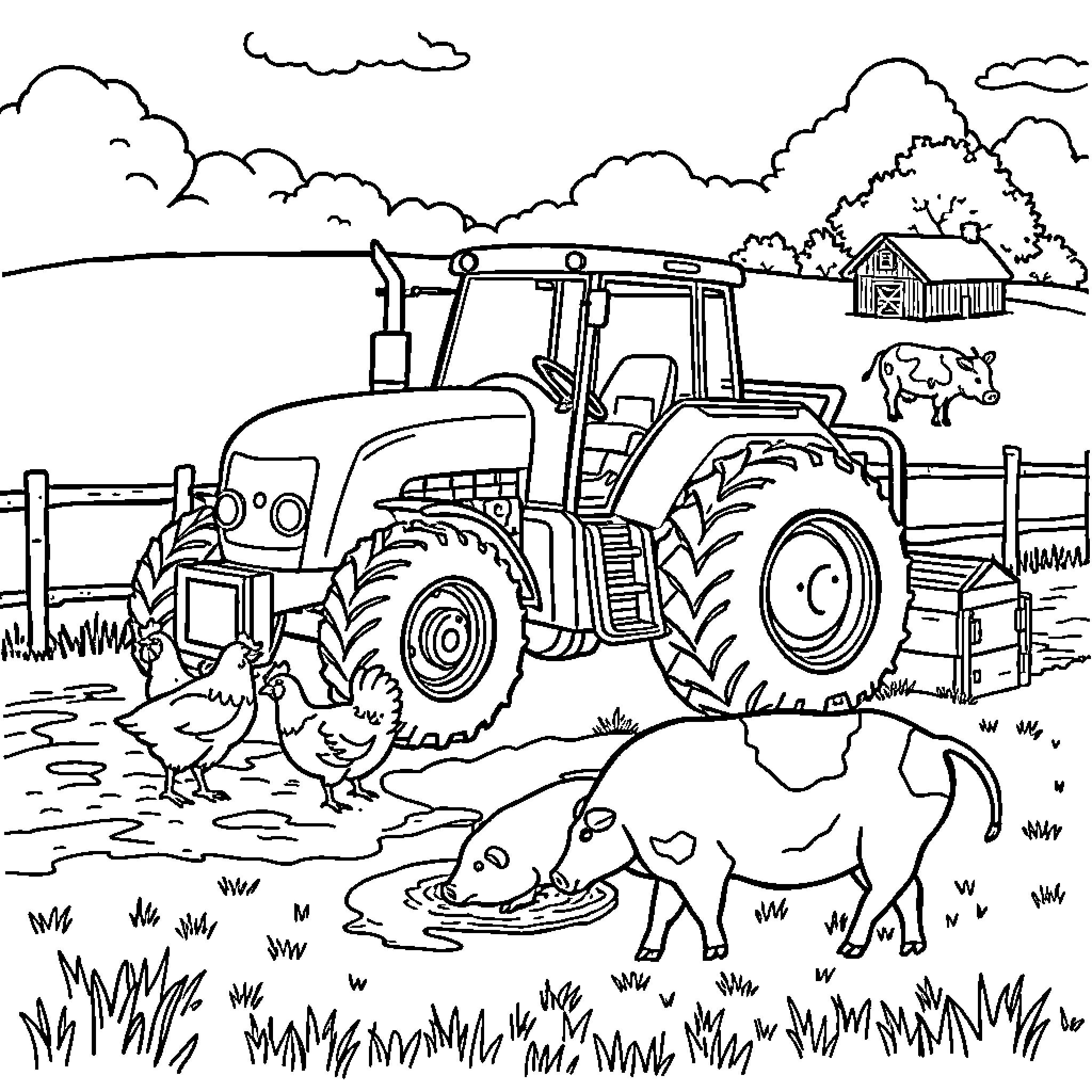 Farm Animal Tractor Plowing Field with Livestock Coloring Page (free black-and-white line drawing printable PDF for all, from beginners to advanced learners, including children, teens, adults, and seniors)