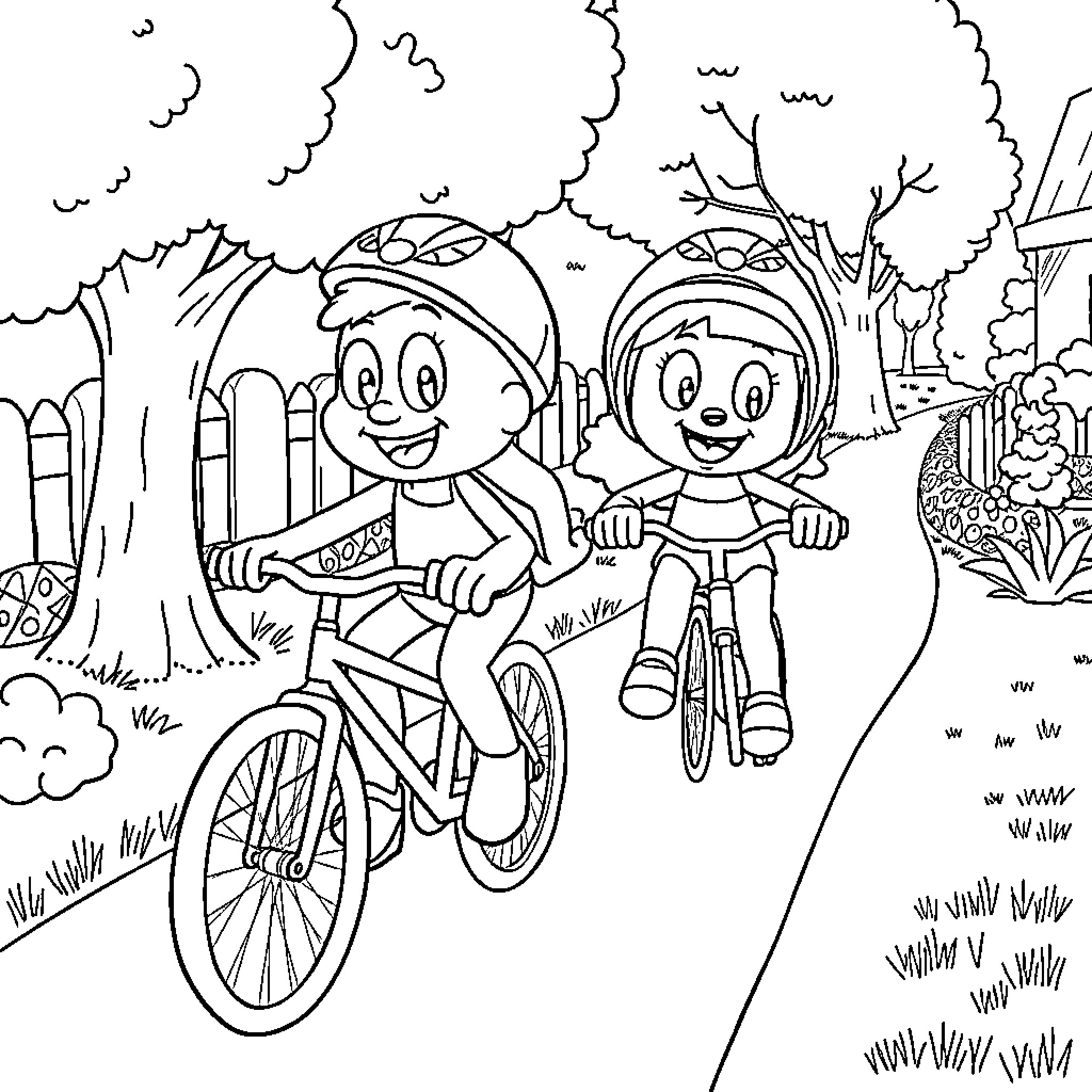 Bluey and Bingo Riding Bikes in the Park Coloring Page (free black-and-white line drawing printable PDF for all, from beginners to advanced learners, including children, teens, adults, and seniors)