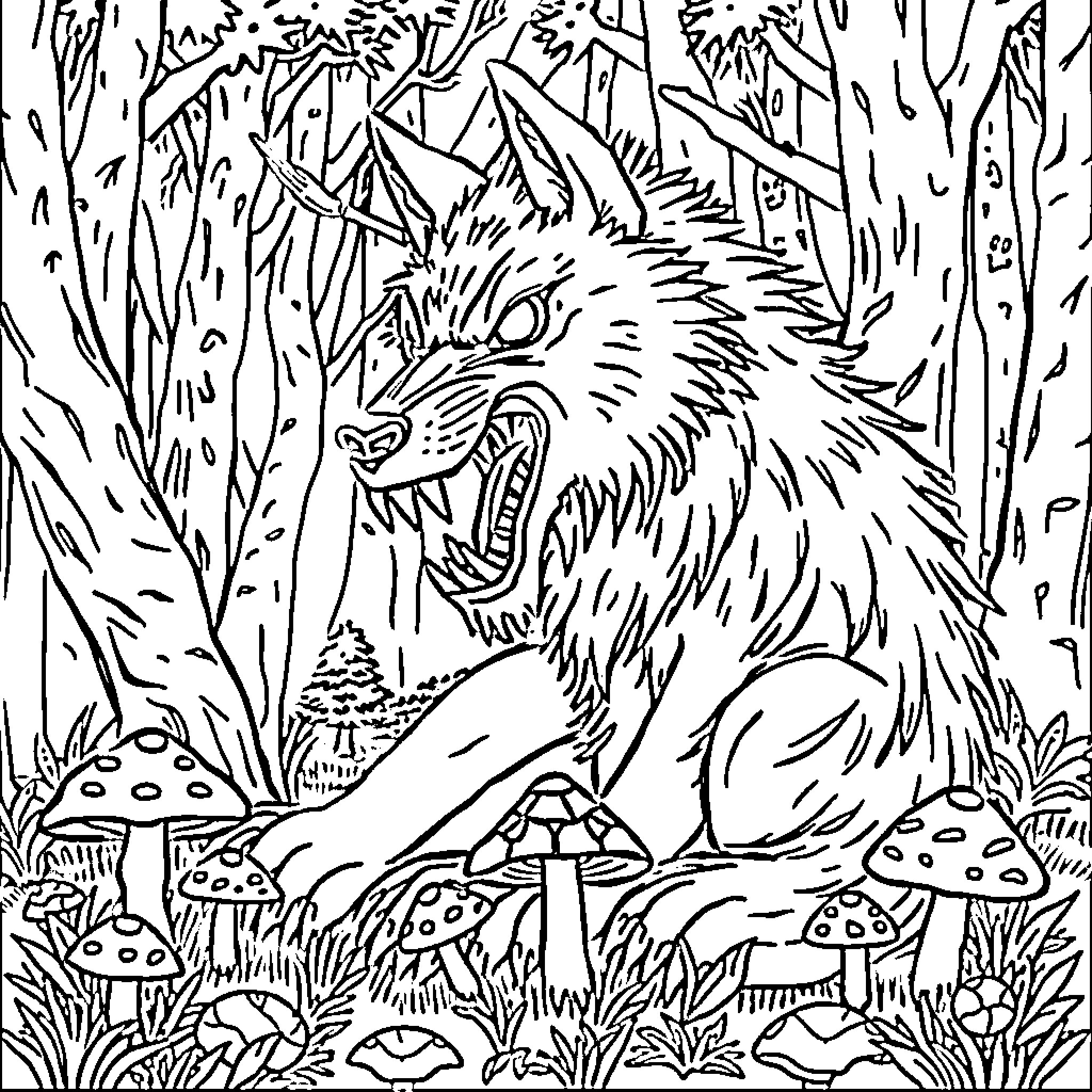 Wolf growling in a forest with mushrooms Coloring Page (free black-and-white line drawing printable PDF for all, from beginners to advanced learners, including children, teens, adults, and seniors)