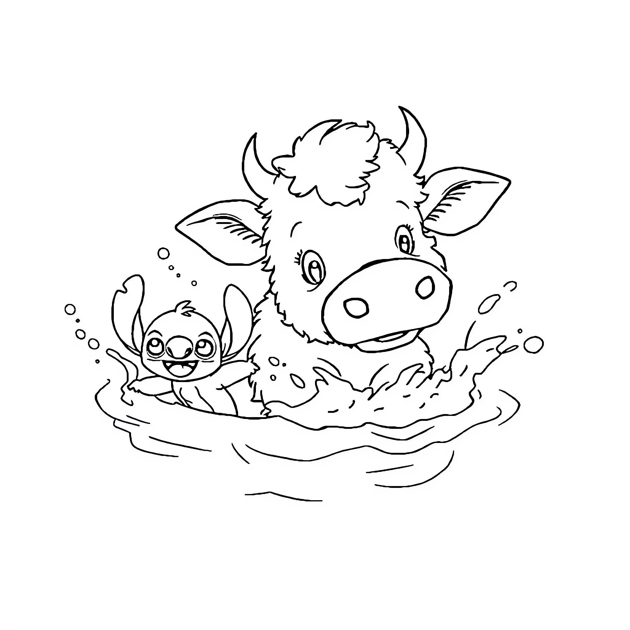 Cow playing happily with a small critter in the water Coloring Page (free black-and-white line drawing printable PDF for all, from beginners to advanced learners, including children, teens, adults, and seniors)