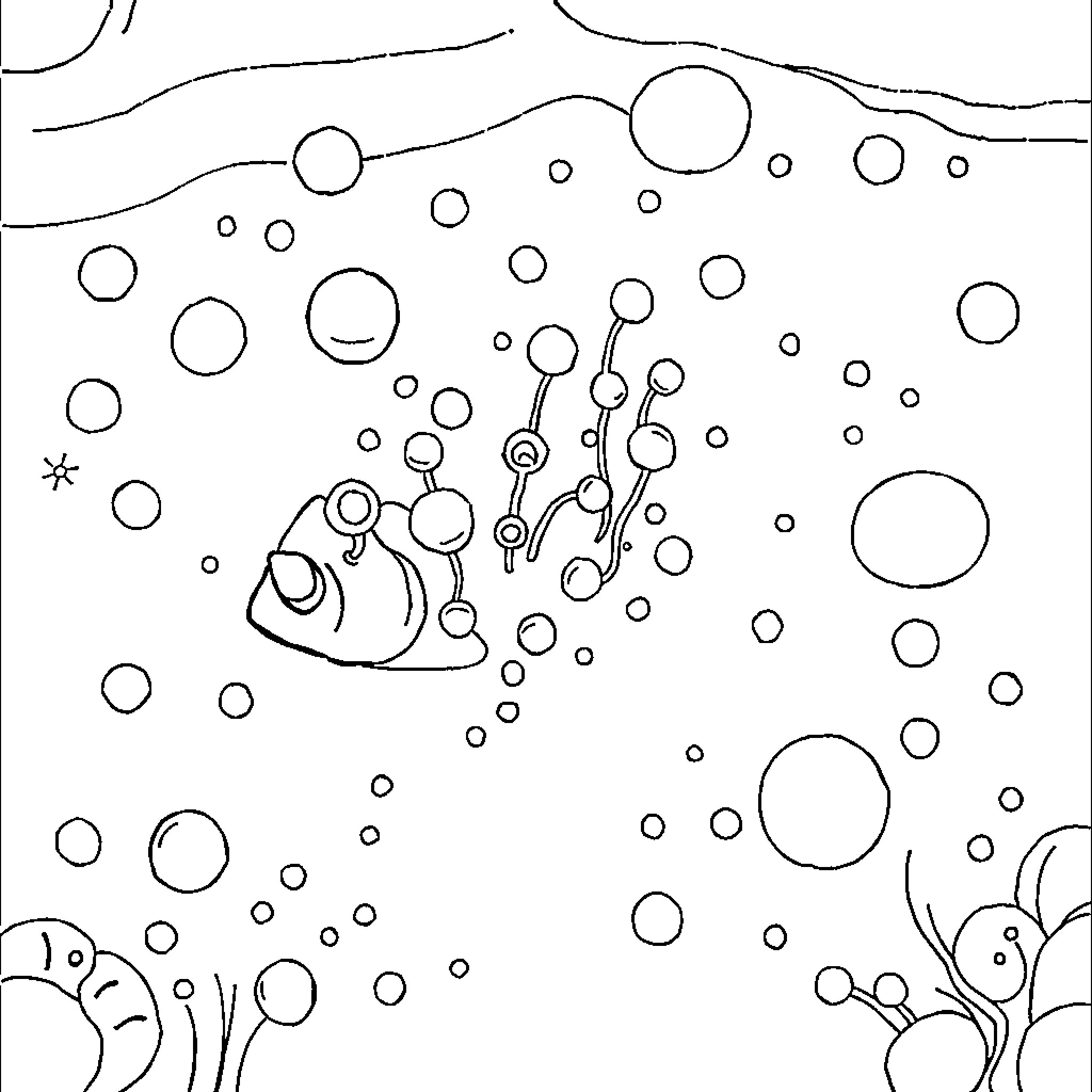 Phytoplankton swimming in the underwater scene Coloring Page (free black-and-white line drawing printable PDF for all, from beginners to advanced learners, including children, teens, adults, and seniors)
