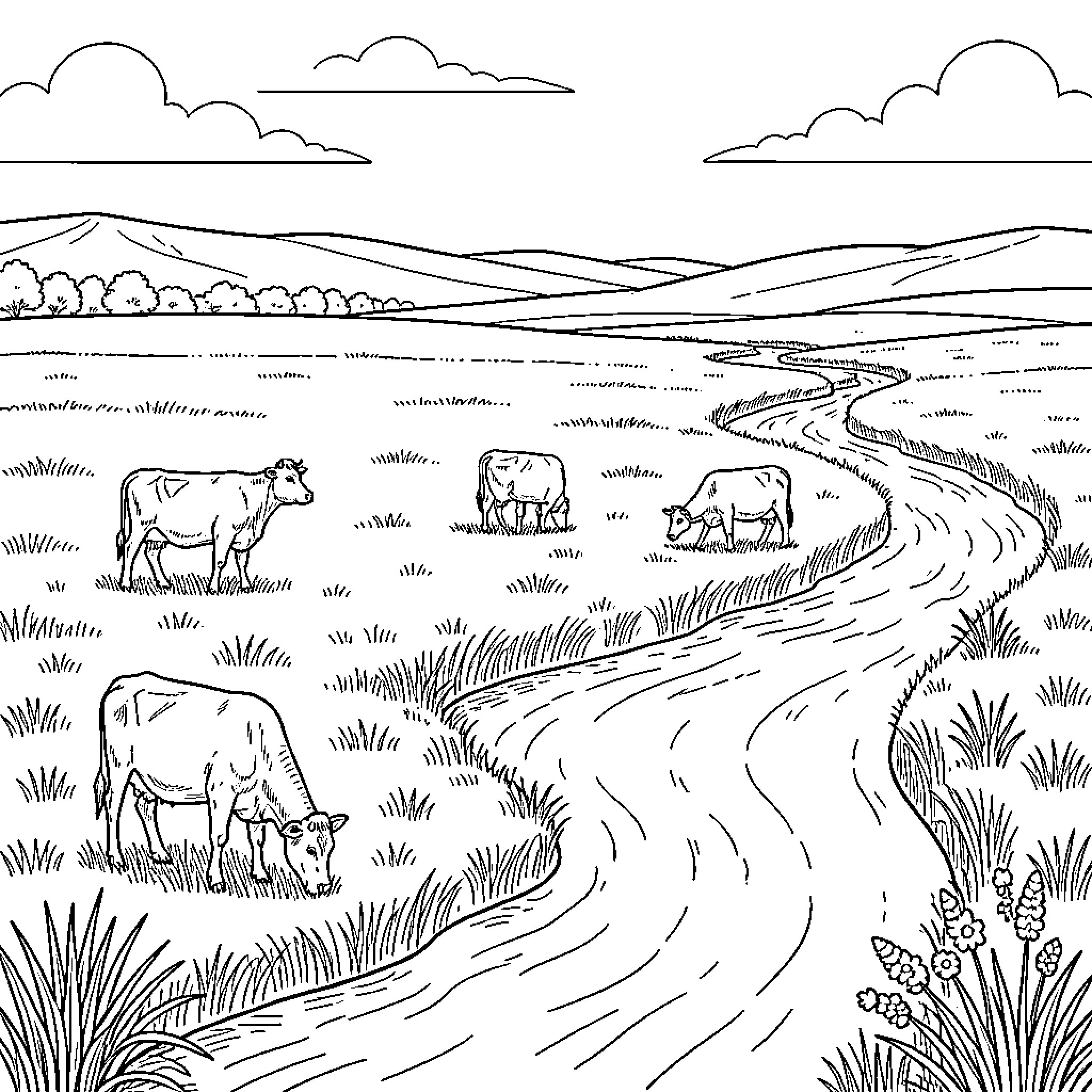 Cow grazing peacefully in a wide meadow near a river Coloring Page (free black-and-white line drawing printable PDF for all, from beginners to advanced learners, including children, teens, adults, and seniors)
