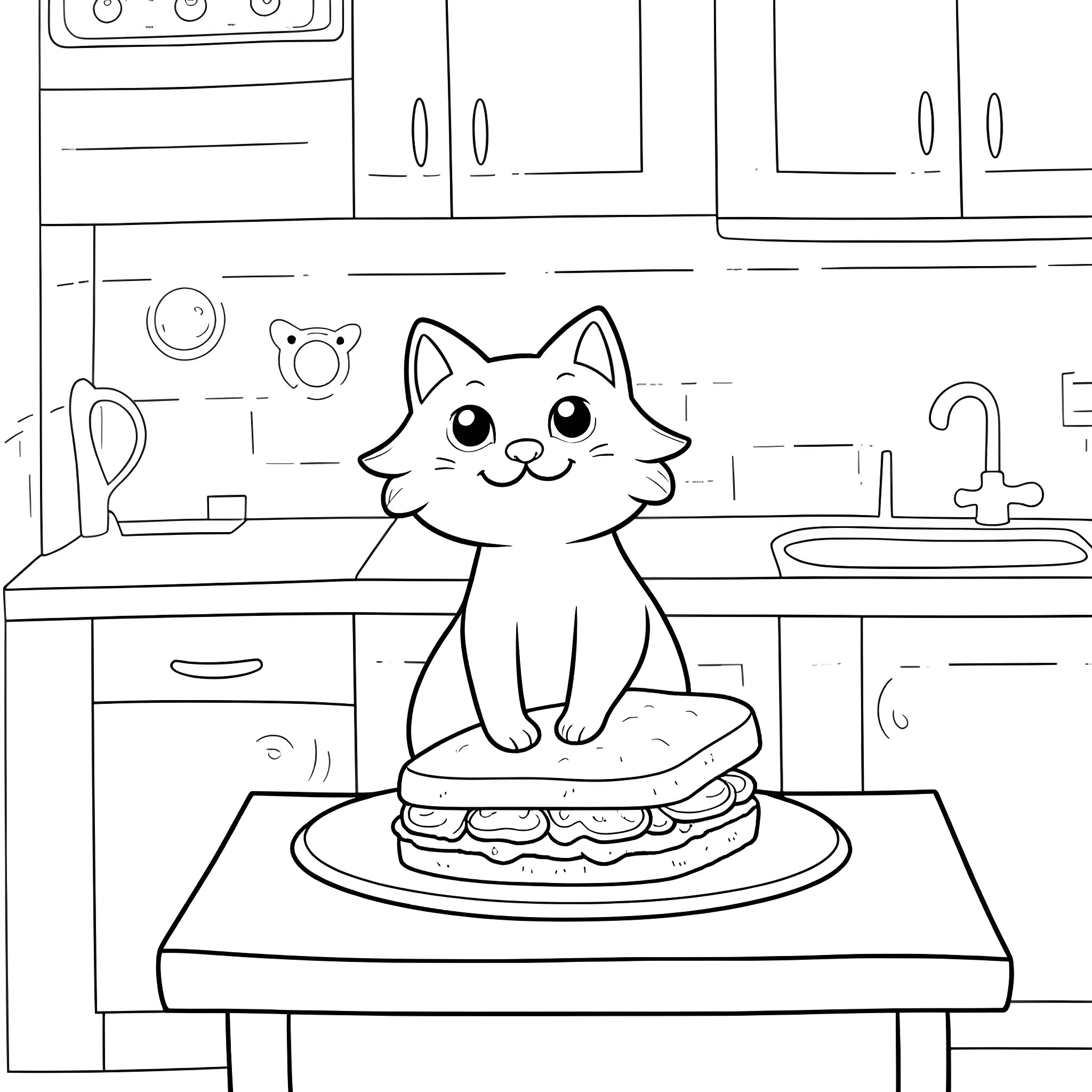 Cat enjoying a tasty meal in the kitchen Coloring Page (free black-and-white line drawing printable PDF for all, from beginners to advanced learners, including children, teens, adults, and seniors)