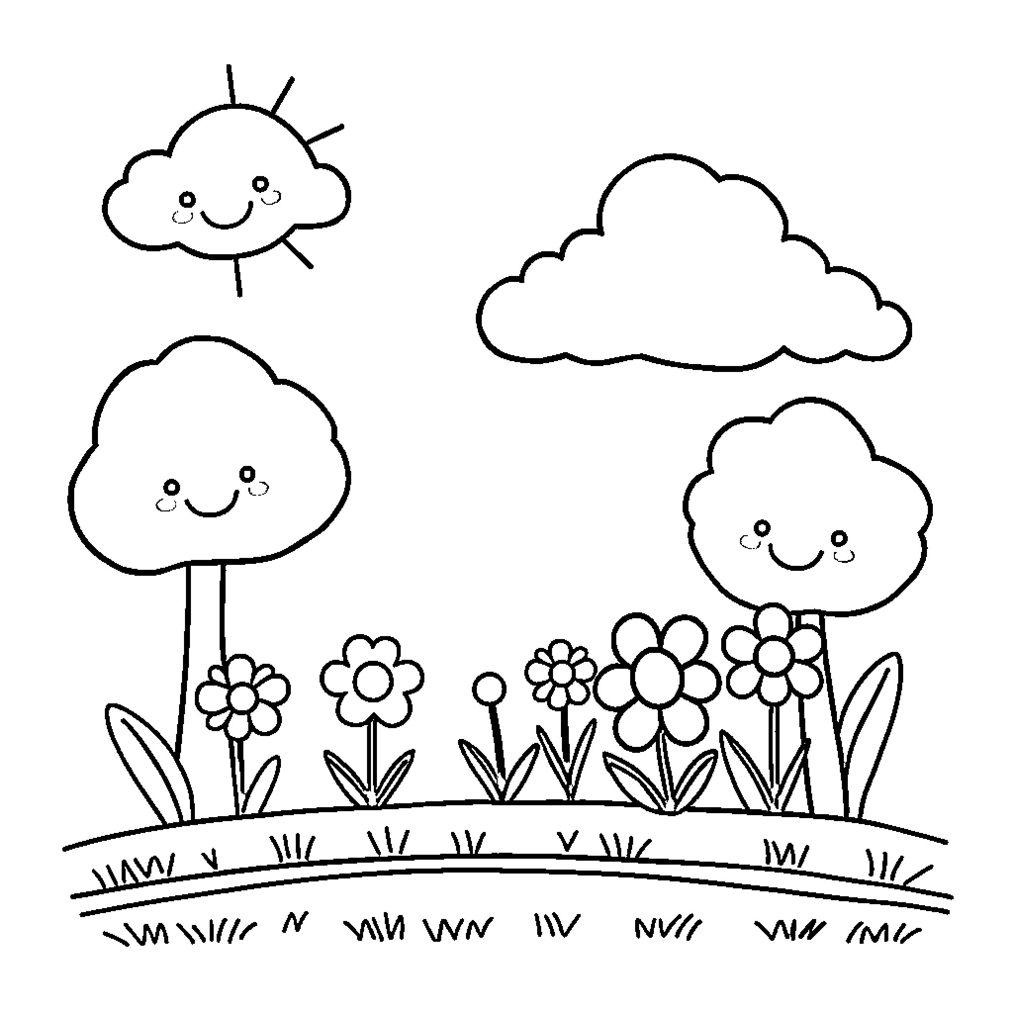 Sun-kissed Scenery: Cheerful Clouds and Flowers Coloring Page (free black-and-white line drawing printable PDF for all, from beginners to advanced learners, including children, teens, adults, and seniors)