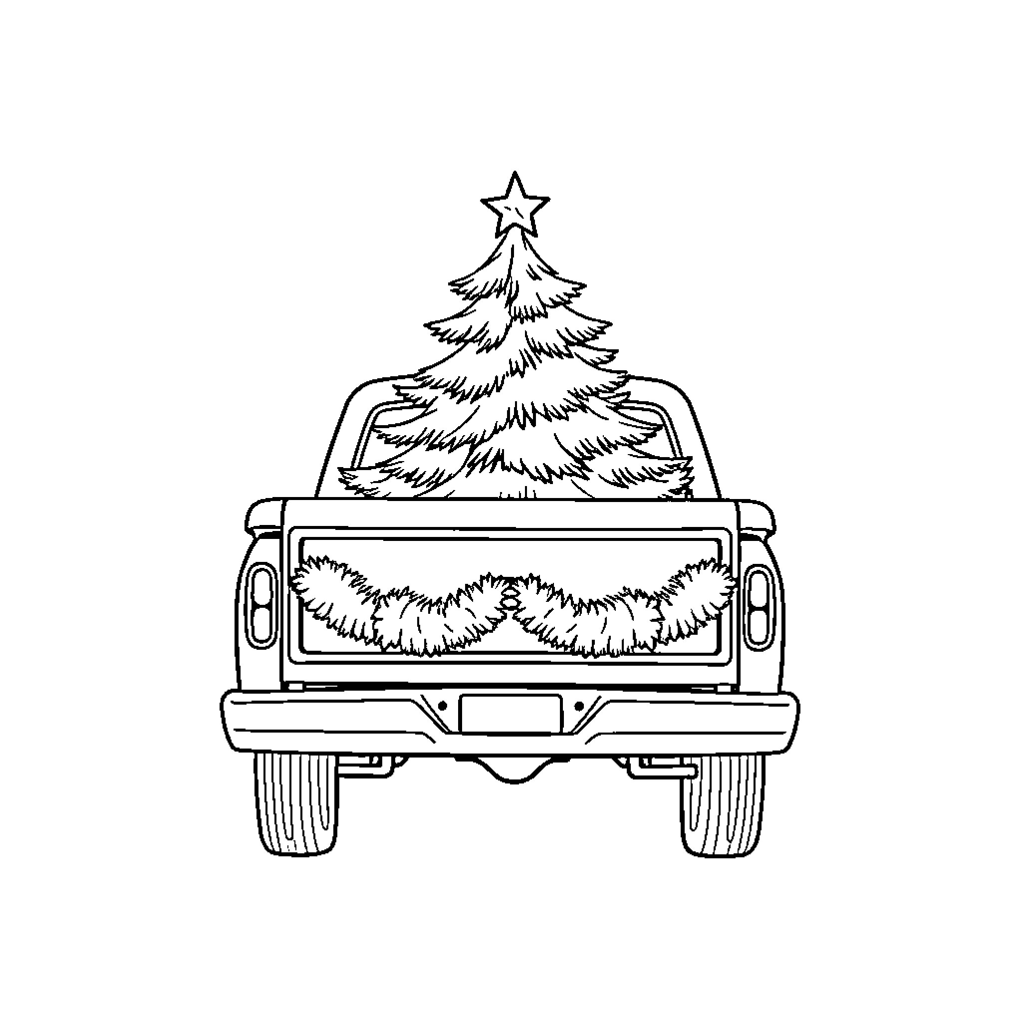 Pickup carrying festive Christmas tree Coloring Page (free black-and-white line drawing printable PDF for all, from beginners to advanced learners, including children, teens, adults, and seniors)