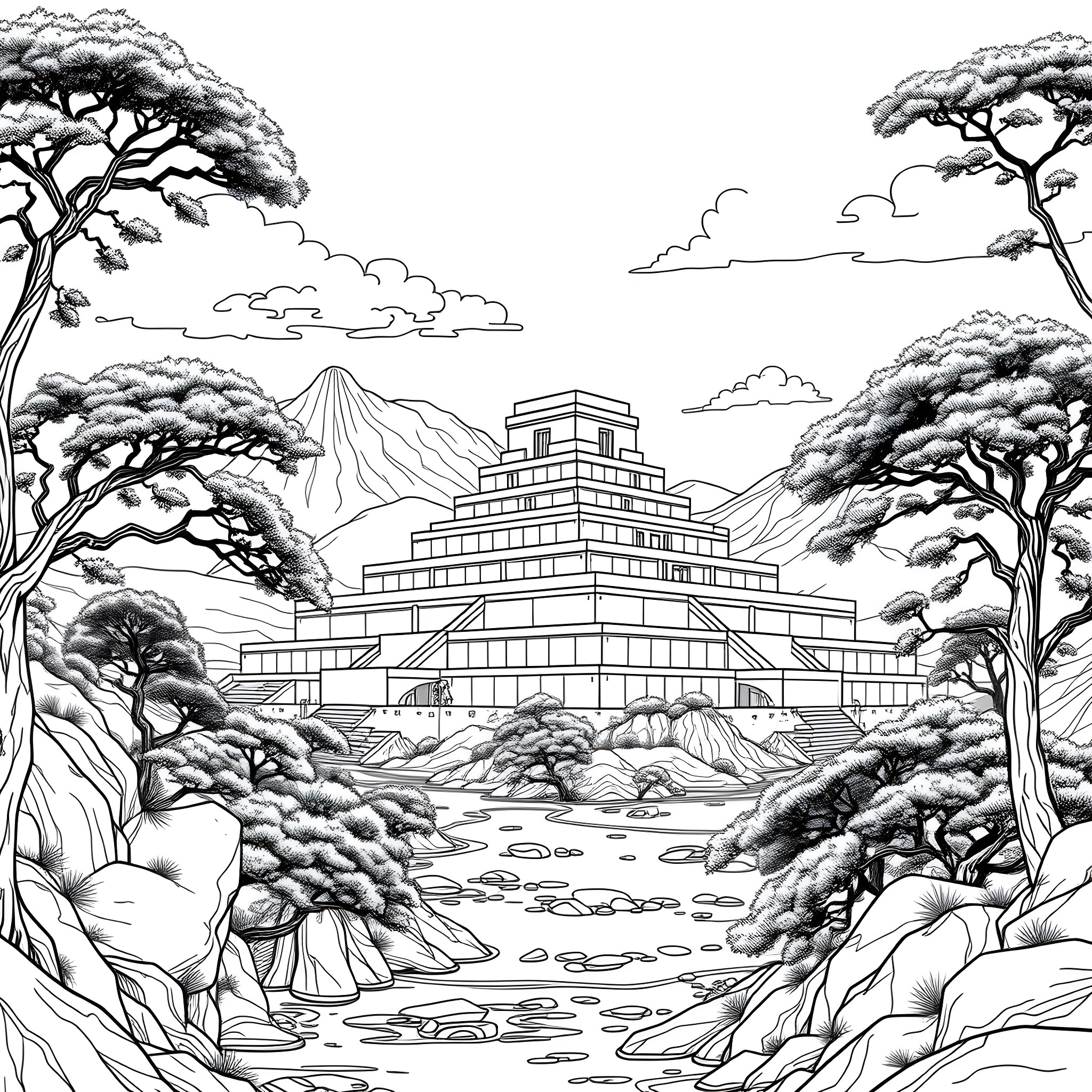 Ziggurat in Serene Landscape with Trees Coloring Page (free black-and-white line drawing printable PDF for all, from beginners to advanced learners, including children, teens, adults, and seniors)