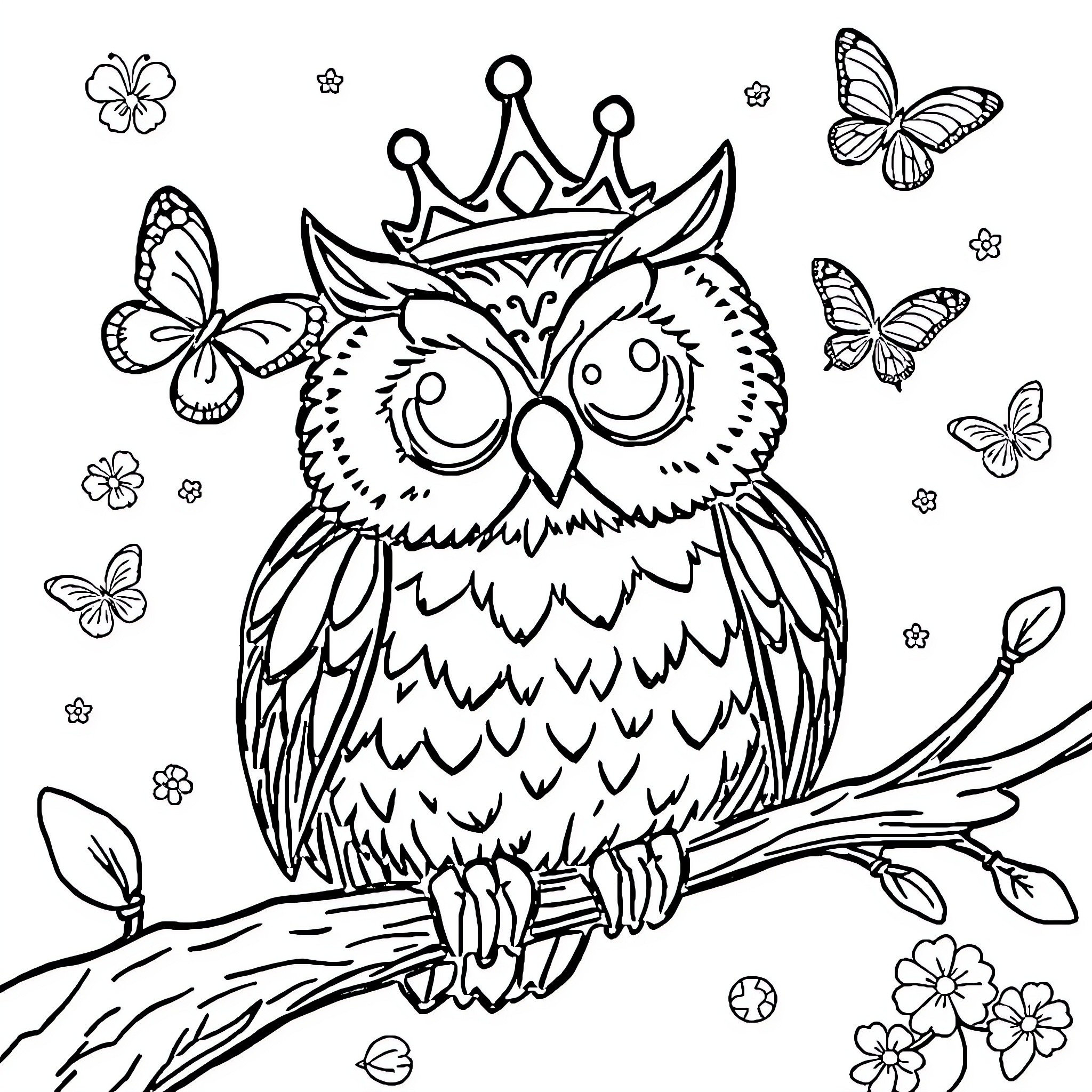 Owl in a crown surrounded by butterflies Coloring Page (free black-and-white line drawing printable PDF for all, from beginners to advanced learners, including children, teens, adults, and seniors)