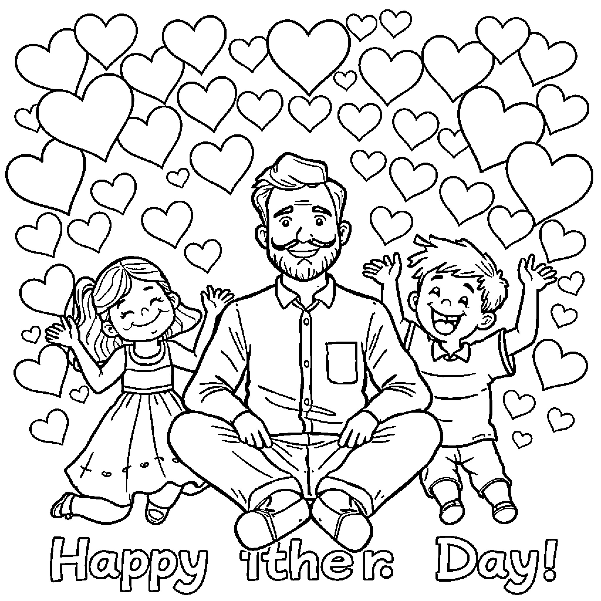 Dad Spending Quality Time with Children Coloring Page (free black-and-white line drawing printable PDF for all, from beginners to advanced learners, including children, teens, adults, and seniors)