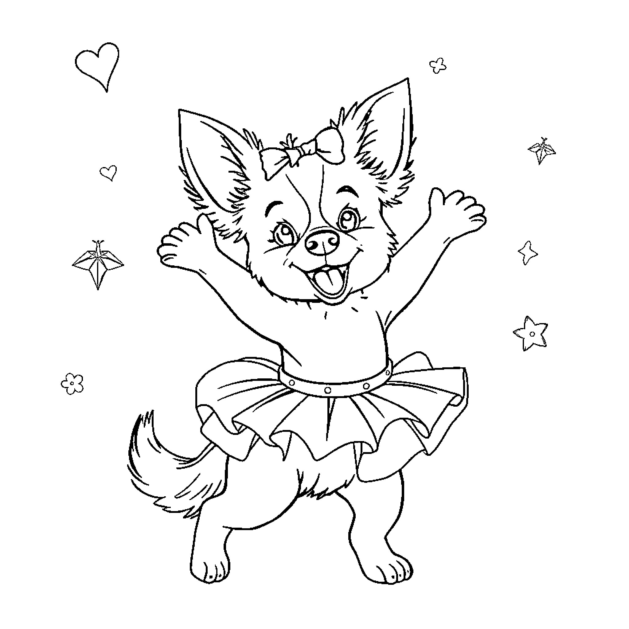 Dog dressed in costume jumping happily with stars Coloring Page (free black-and-white line drawing printable PDF for all, from beginners to advanced learners, including children, teens, adults, and seniors)