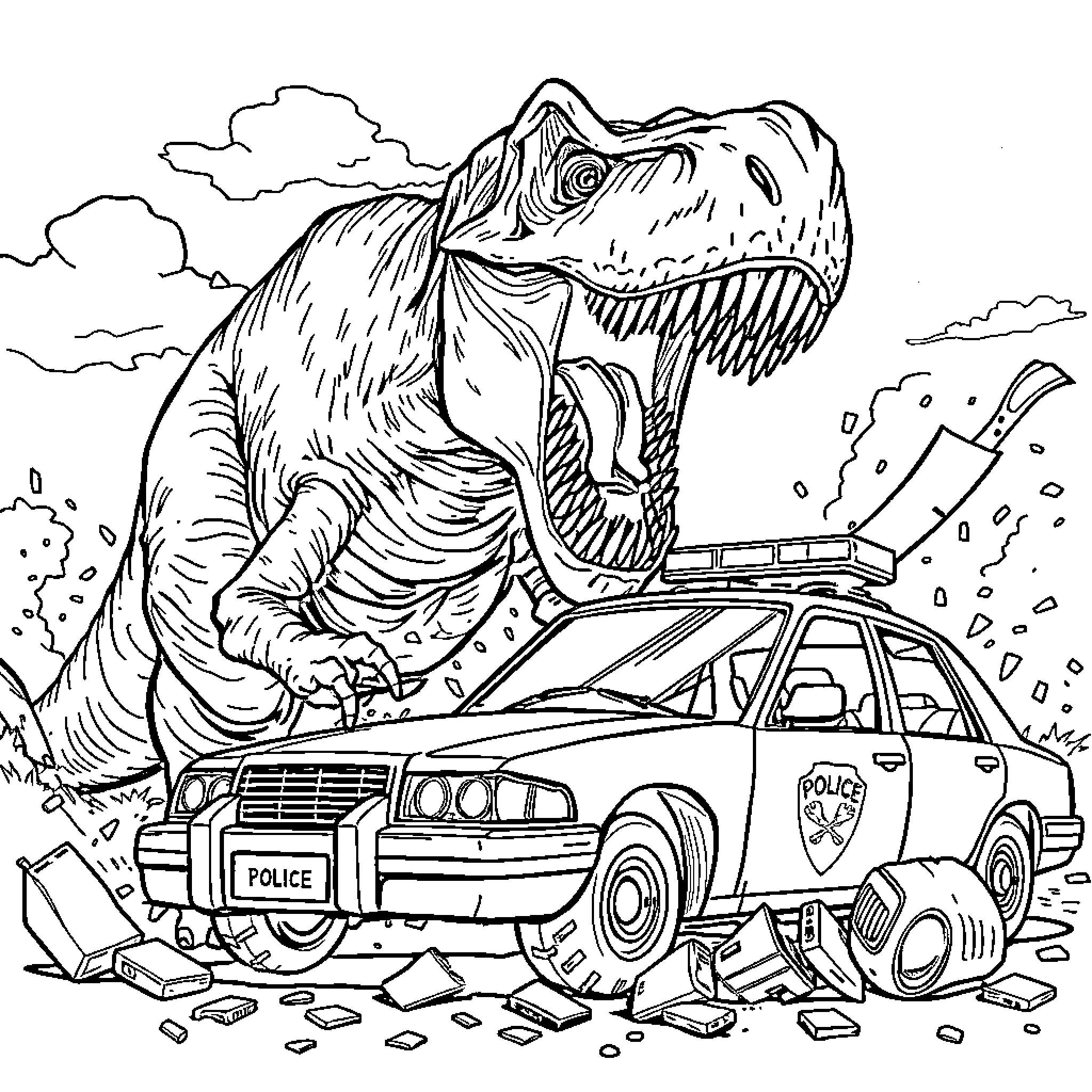 Dinosaur attacking police car in urban setting Coloring Page (free black-and-white line drawing printable PDF for all, from beginners to advanced learners, including children, teens, adults, and seniors)
