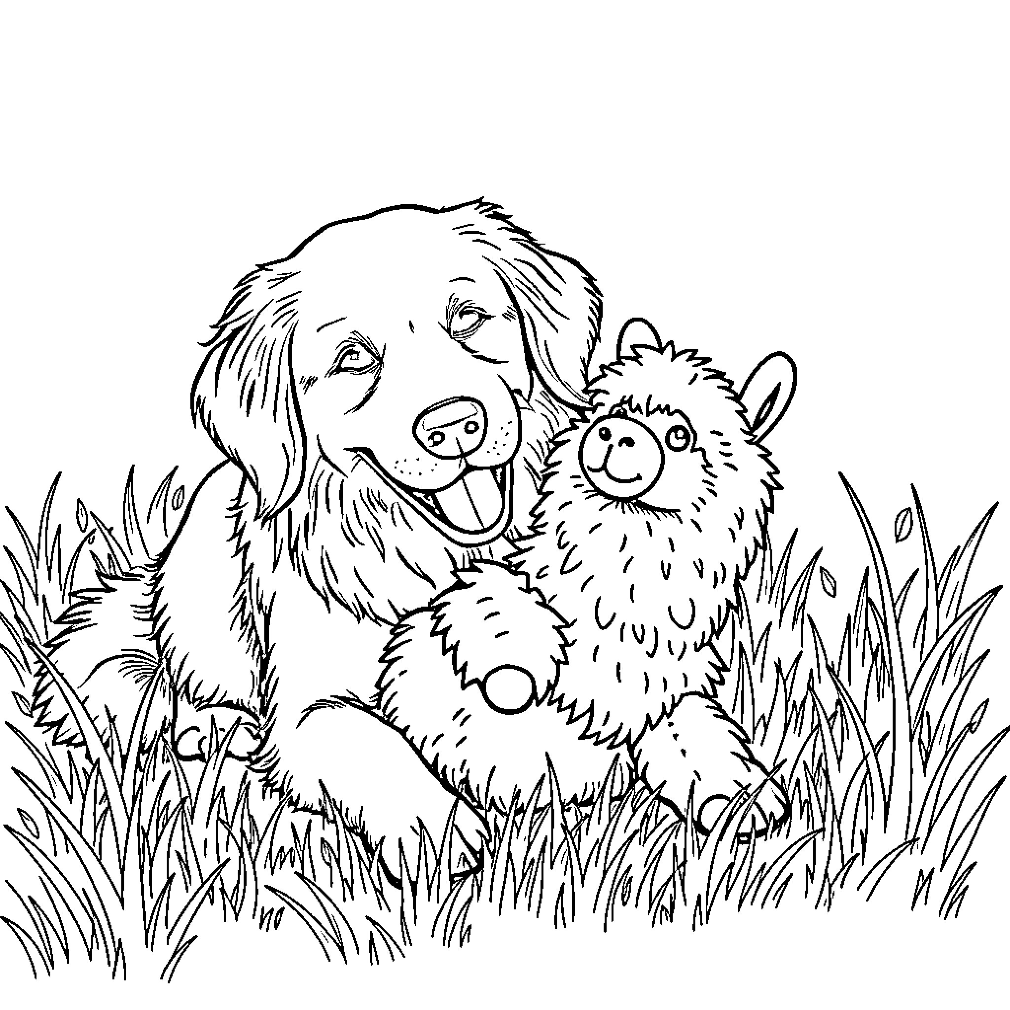 Golden Retriever and Fluffy Companion in the Grass Coloring Page (free black-and-white line drawing printable PDF for all, from beginners to advanced learners, including children, teens, adults, and seniors)