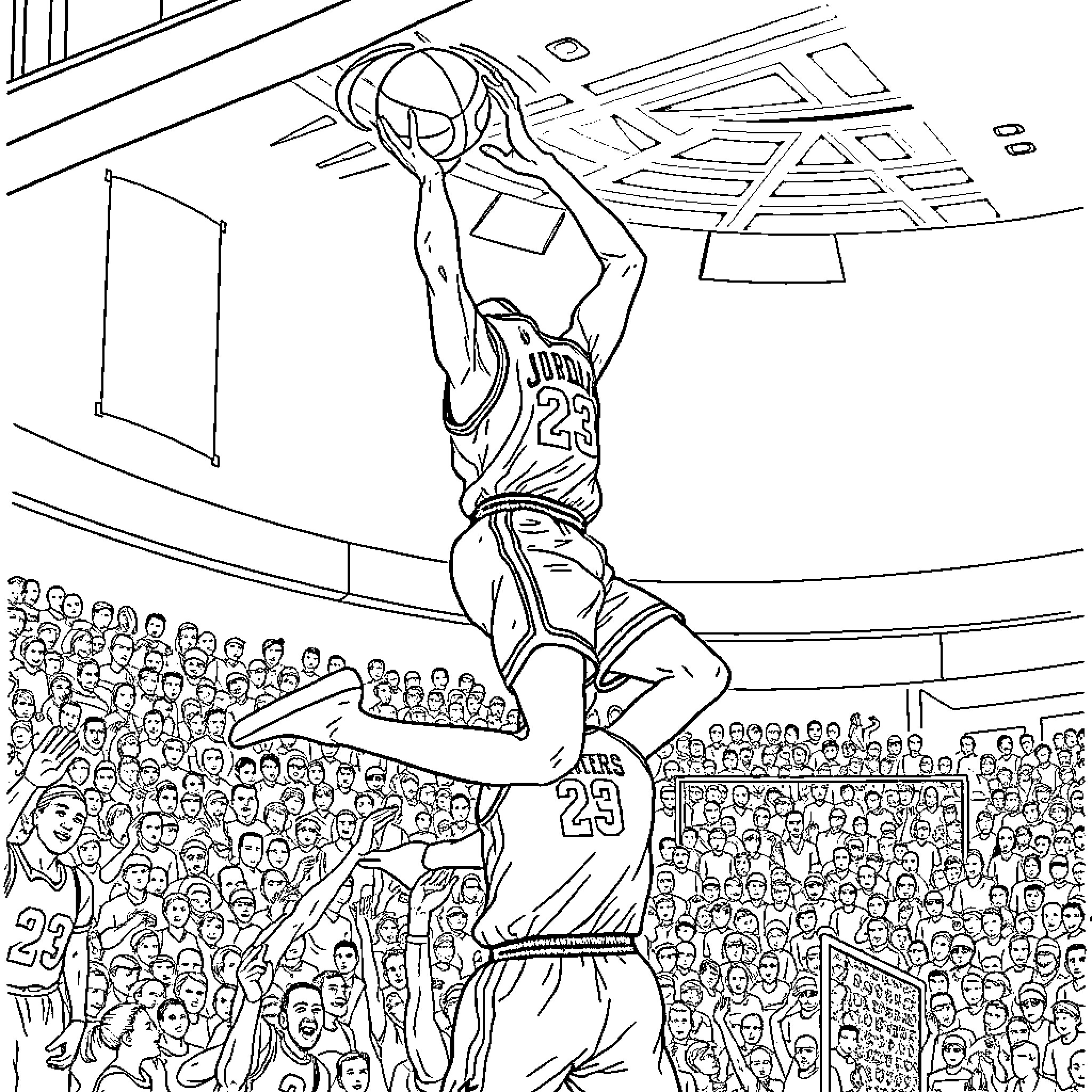 Jordan's Slam Dunk in the Basketball Arena Coloring Page (free black-and-white line drawing printable PDF for all, from beginners to advanced learners, including children, teens, adults, and seniors)