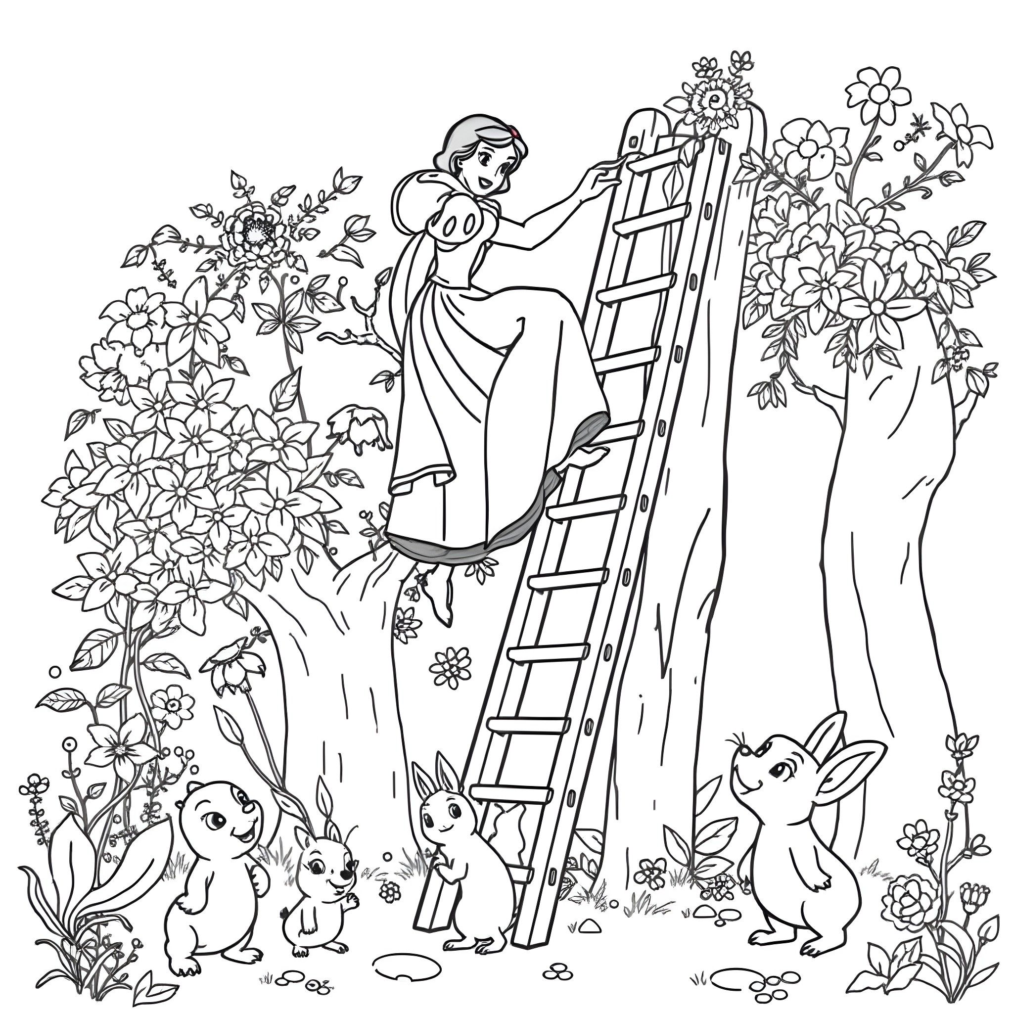 Snow White tending to her garden with animal friends Coloring Page (free black-and-white line drawing printable PDF for all, from beginners to advanced learners, including children, teens, adults, and seniors)