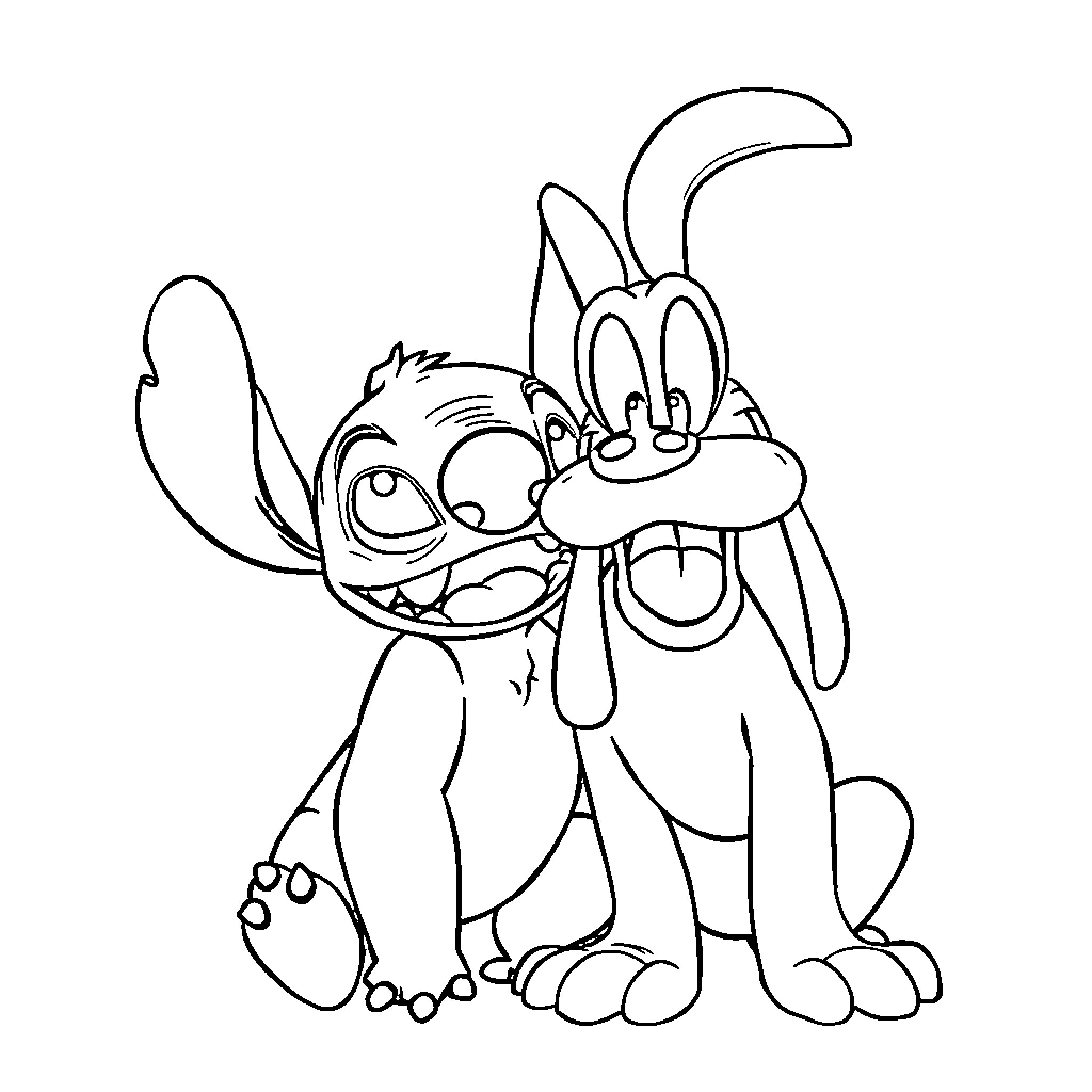 Stitch and friend in playful embrace Coloring Page (free black-and-white line drawing printable PDF for all, from beginners to advanced learners, including children, teens, adults, and seniors)