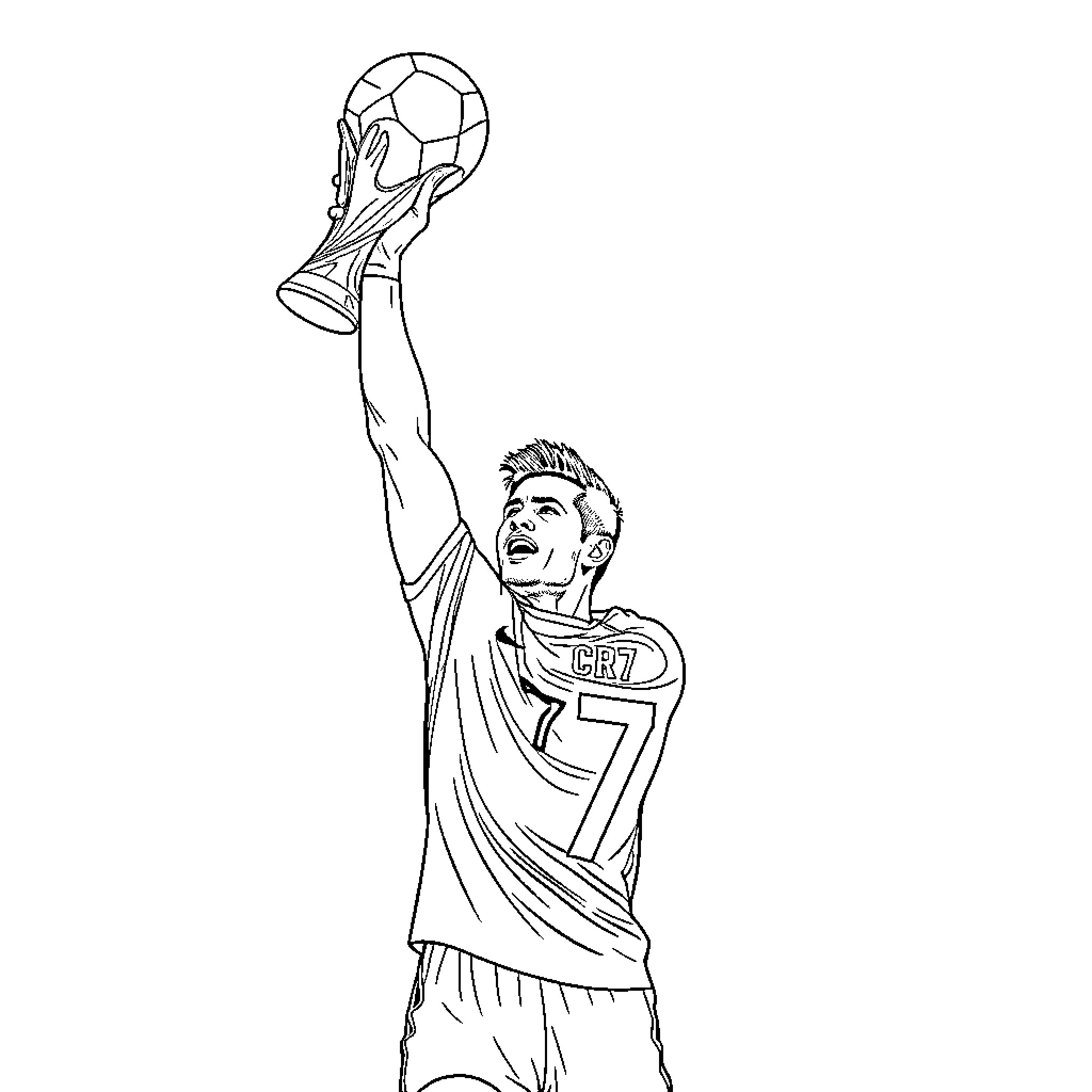 Cr7 raising the trophy in celebration Coloring Page (free black-and-white line drawing printable PDF for all, from beginners to advanced learners, including children, teens, adults, and seniors)