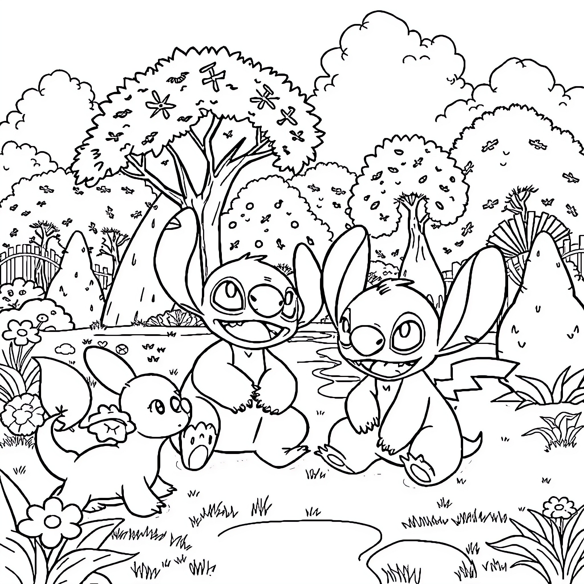 Pokémon enjoying a playful adventure in the forest Coloring Page (free black-and-white line drawing printable PDF for all, from beginners to advanced learners, including children, teens, adults, and seniors)