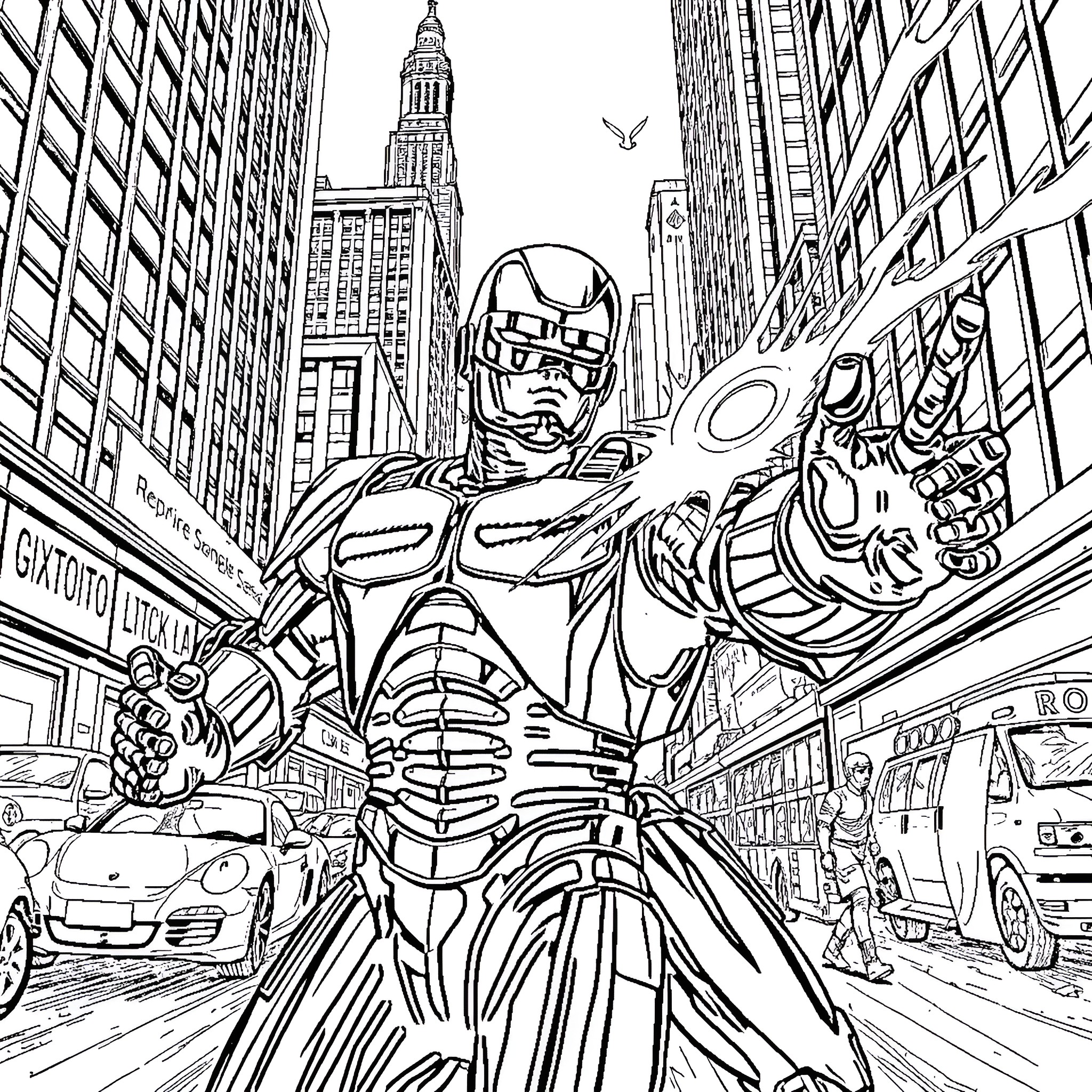 Robocop Patrolling the Futuristic City Streets Coloring Page (free black-and-white line drawing printable PDF for all, from beginners to advanced learners, including children, teens, adults, and seniors)