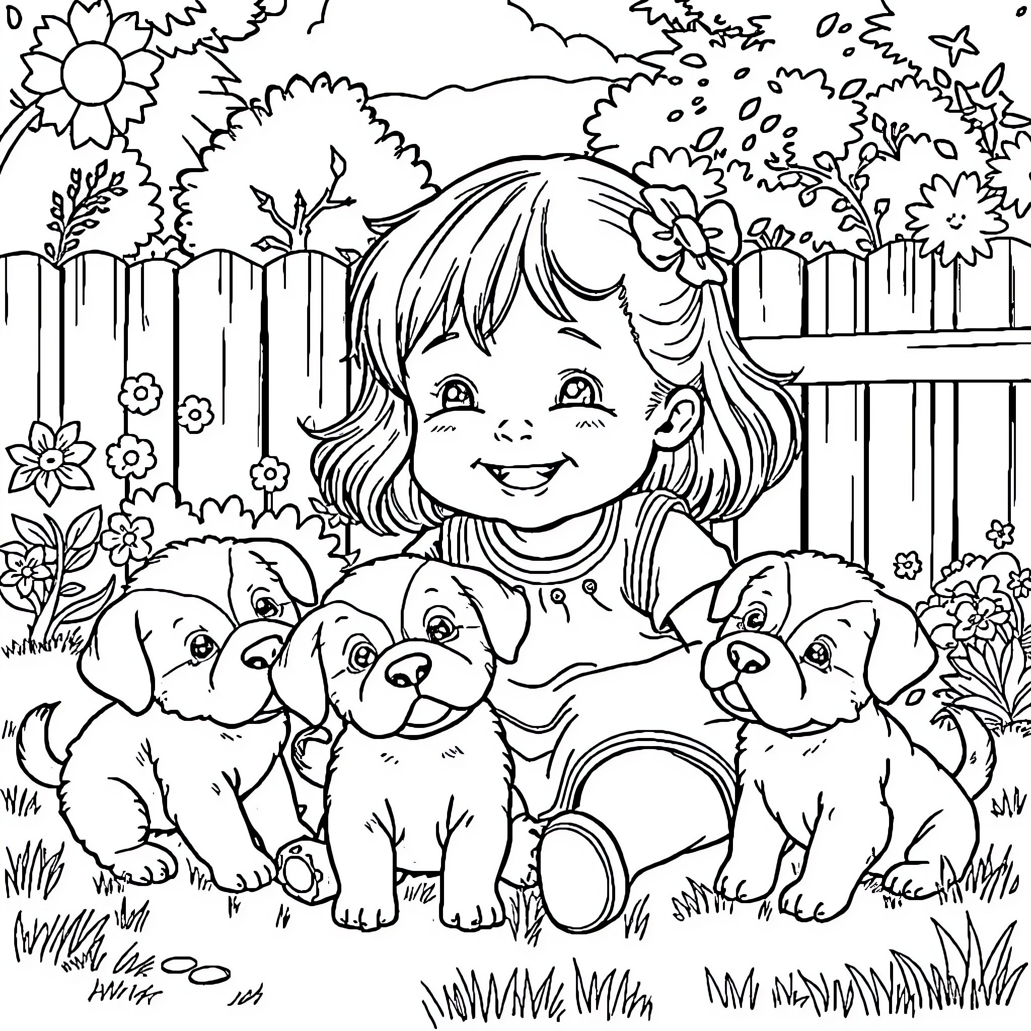 Puppy and Girl Playing Happily in the Garden Coloring Page (free black-and-white line drawing printable PDF for all, from beginners to advanced learners, including children, teens, adults, and seniors)