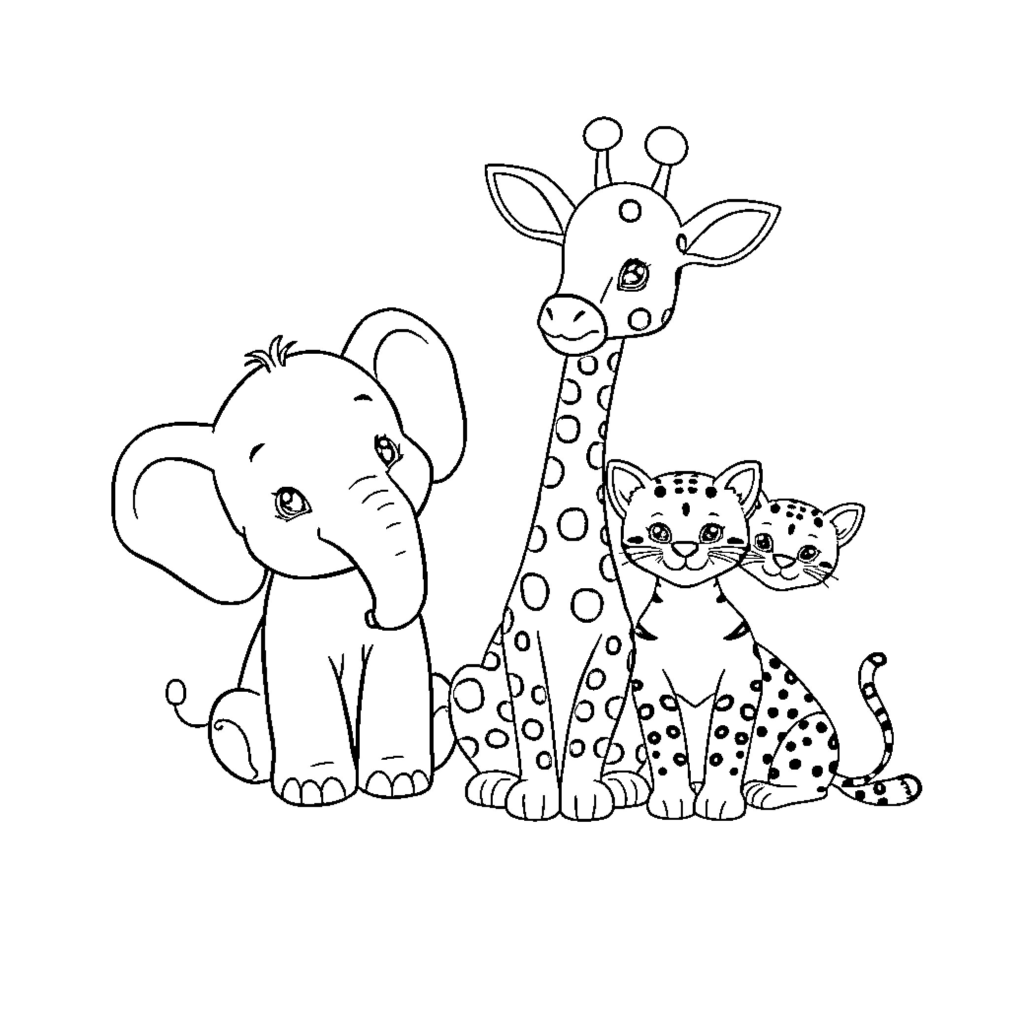 Elephant, Giraffe, and Leopard playing together Coloring Page (free black-and-white line drawing printable PDF for all, from beginners to advanced learners, including children, teens, adults, and seniors)