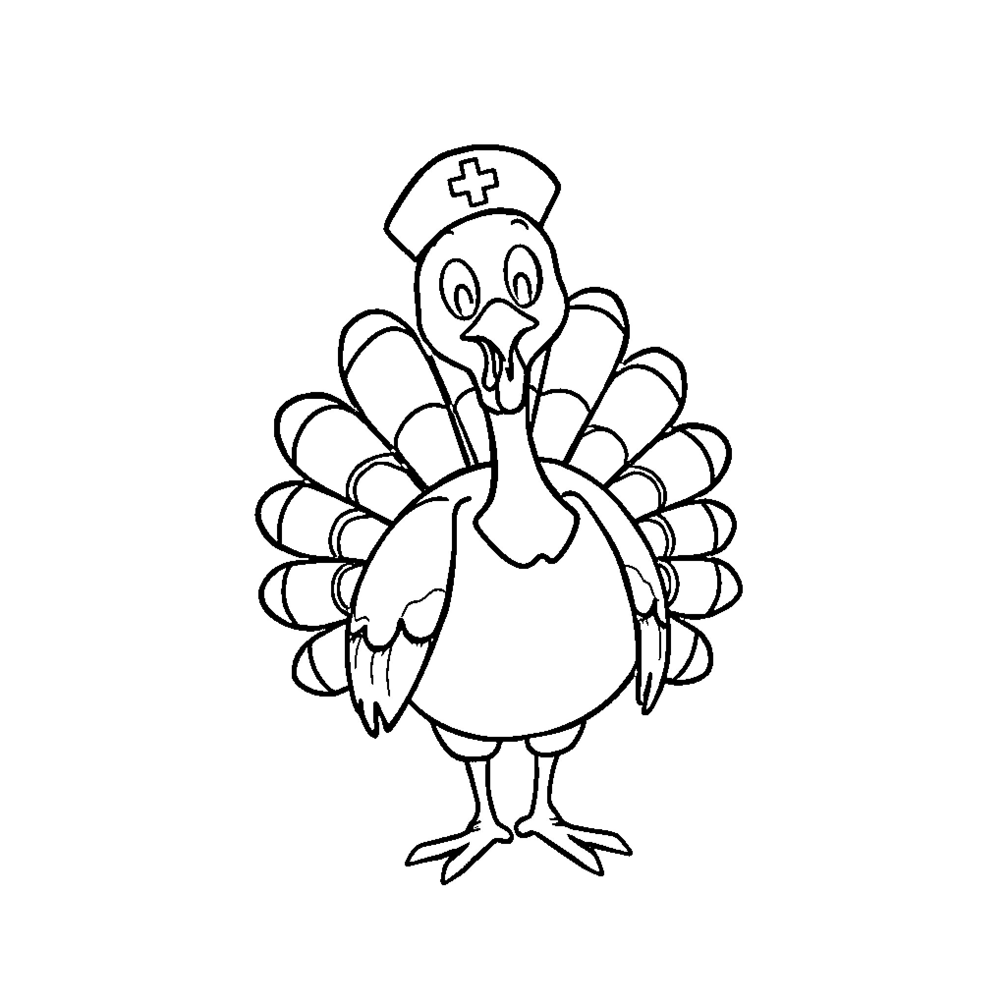 Turkey wearing a nurse cap Coloring Page (free black-and-white line drawing printable PDF for all, from beginners to advanced learners, including children, teens, adults, and seniors)